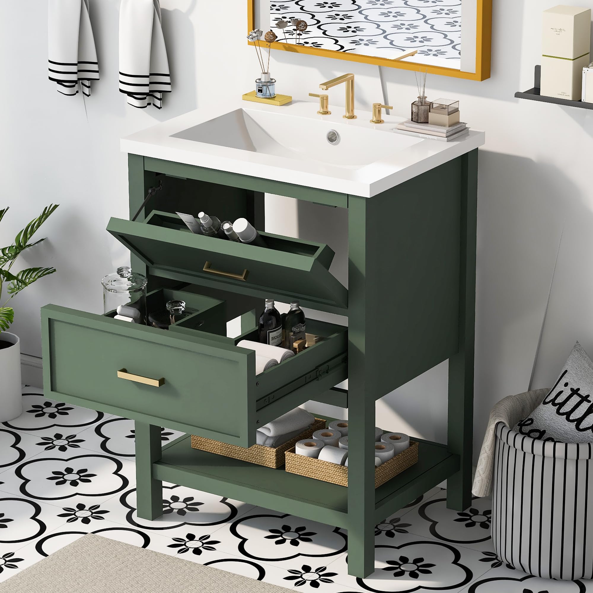 Virubi vanity with drawers open, showing internal storage