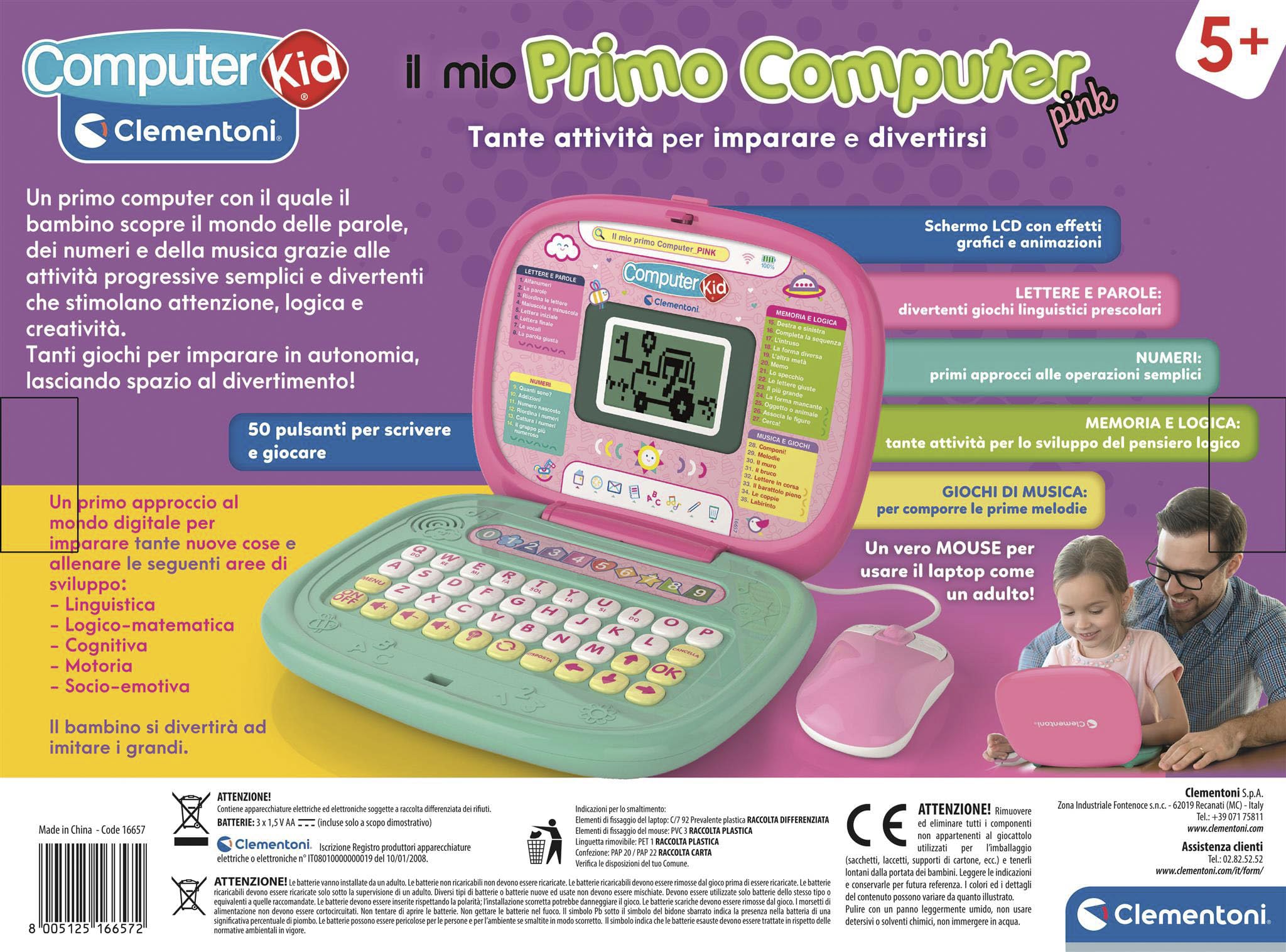 Clementoni Sapientino - Il Mio Primo Computer Pink, Gioco Educativo Interattivo Bambini dai 5 Anni, 35 Attività, Impara Lettere, Numeri, Logica, Musica, con Mouse e Schermo LCD, Lingua Italiana, 16657