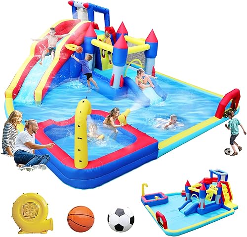 CUANBOZAM Casa inflable grande con soplador, 16.5 pies x 15 pies, enorme casa inflable para niños con tobogán, juego objetivo, juego de baloncesto,