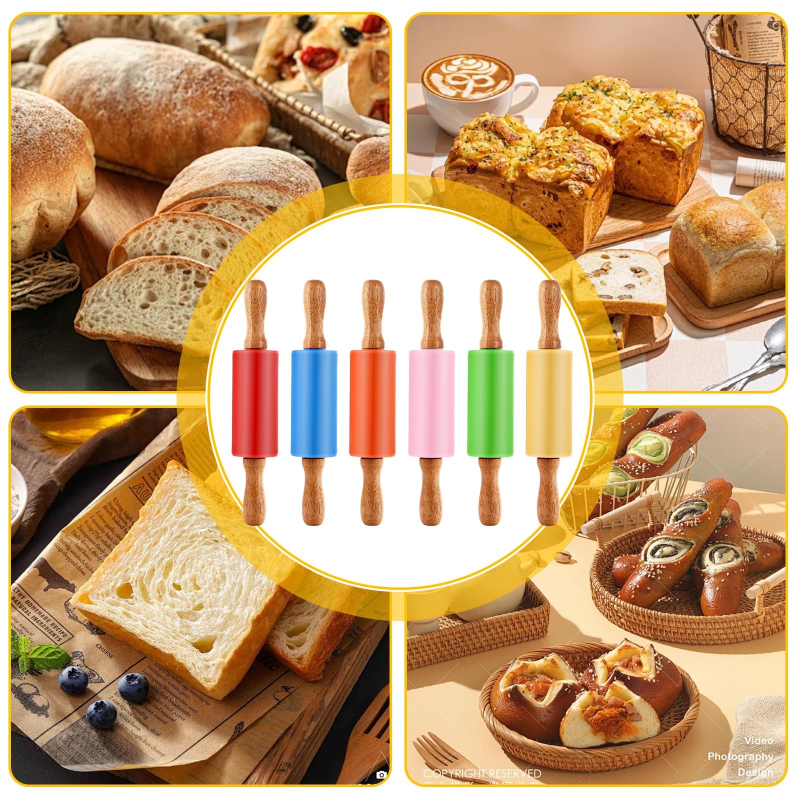 Lot de 6 Petit Rouleau Patisserie en Silicone 23,5 cm, Mini Rouleau Patisserie Antiadhésif avec Manche en Bois pour Fondant, Ravioli et Pizza
