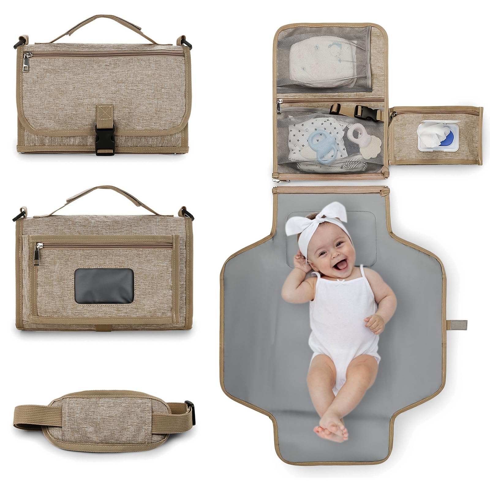 Bebamour Fasciatoio portatile con salviettine tascabili da viaggio con cuscino per la testa per neonati impermeabile pannolini fasciatoio essenziali per neonati,Khaki