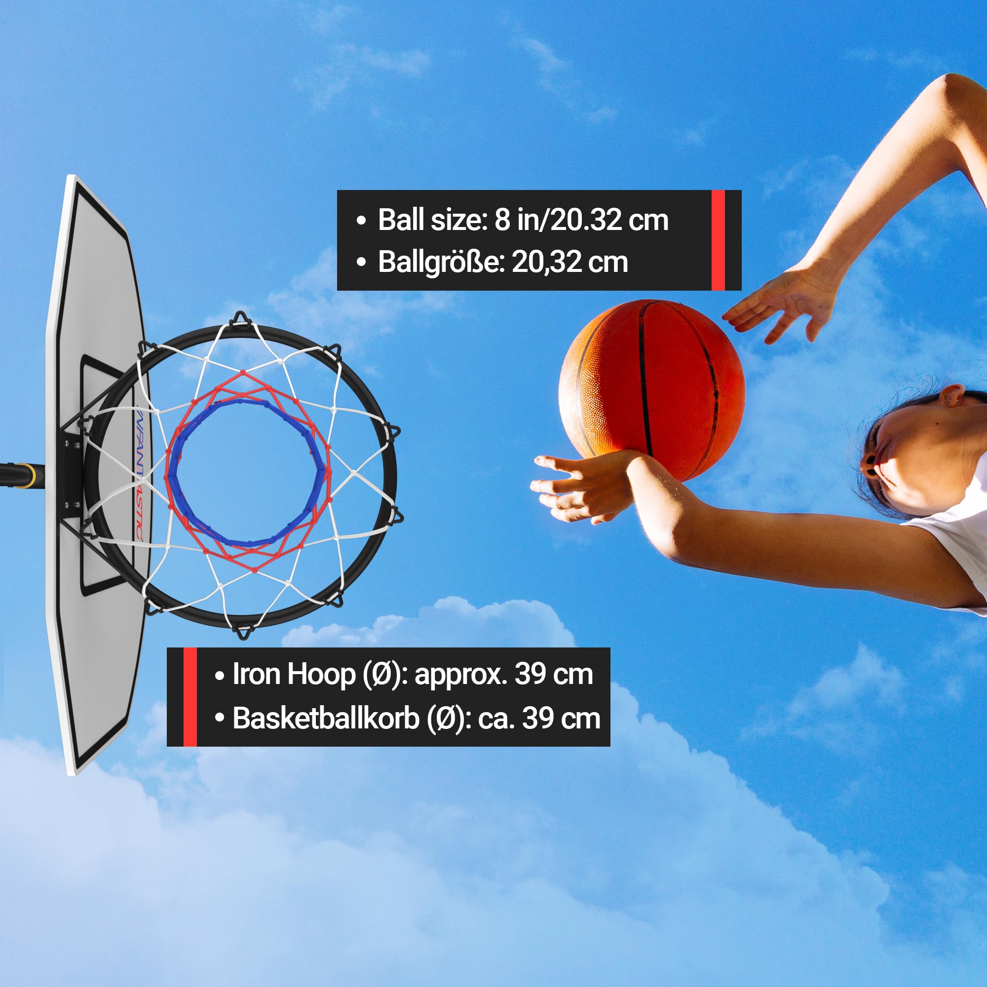 Infantastic® Panier de Basket - Extérieur/Intérieur, Hauteur Réglable 148-200 cm, Portable, avec Ballon et Pompe à l'Air, Rouge ou Noir - Panneau de Basket sur Pied, pour Enfant