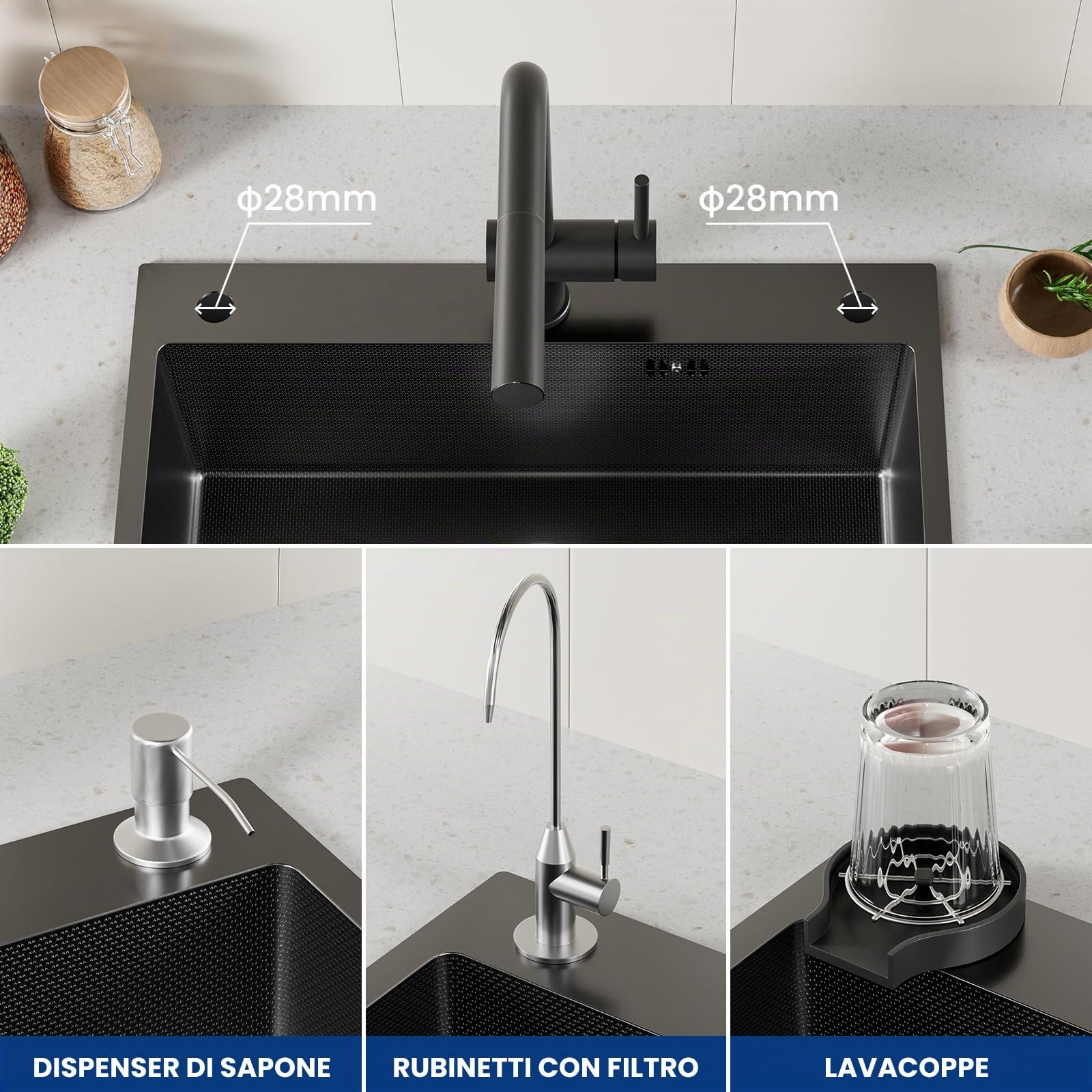 CECIPA 60x49 cm Lavello Nero 1 Vasca in Acciaio Inox, Lavandino Cucina 1 Vasca con Dispenser Sapone e Cestello, Lavello Cucina per Mobile da 60cm, da Incasso o Banco, con Sifone e Scarico