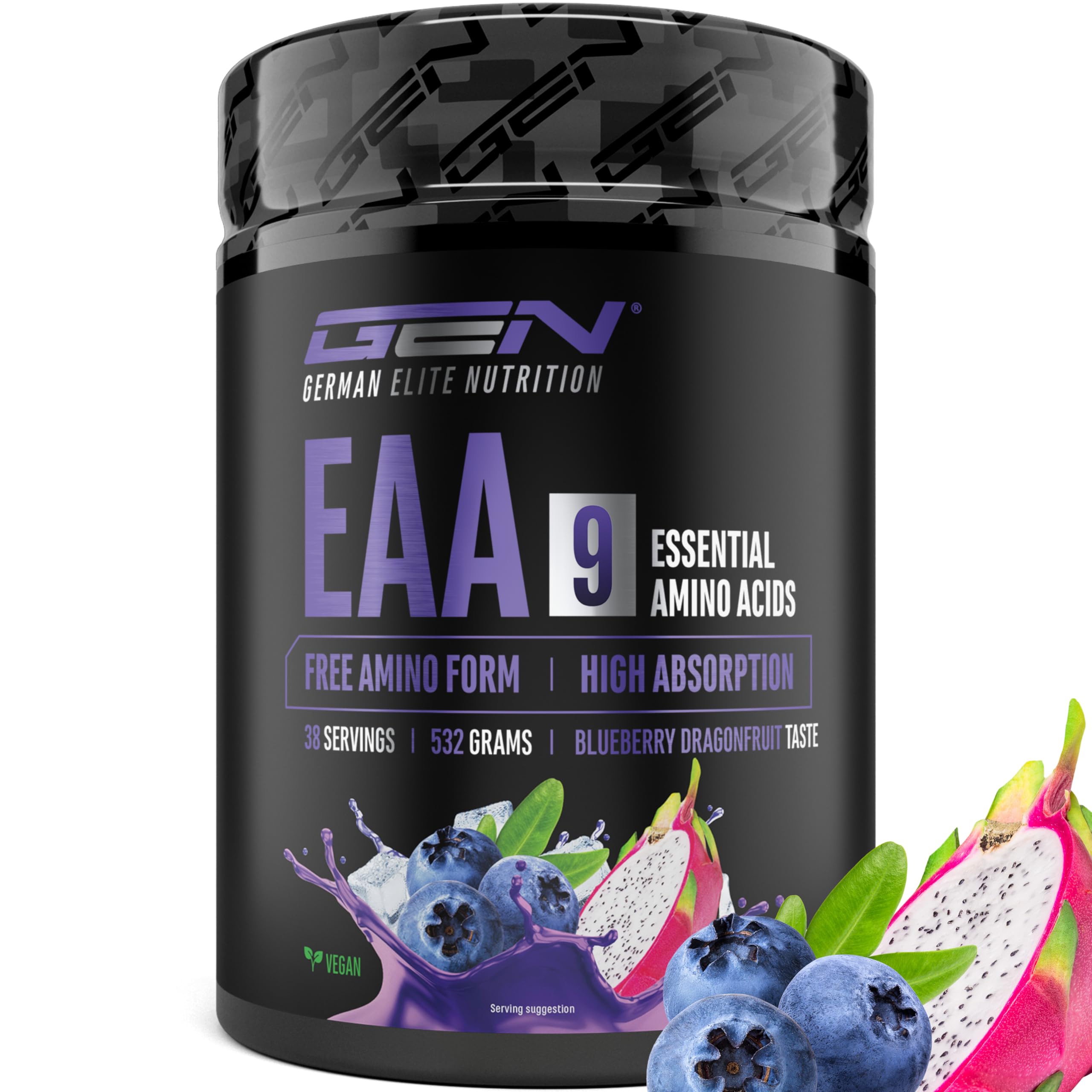 Poudre d’EAA 532 g (38 portions) - Les 9 acides aminés essentiels incl. histidine & BCAA - Formule Human Code - Très bonne solubilité - Boisson d’acides aminés rafraîchissante (Blueberry Dragonfruit)