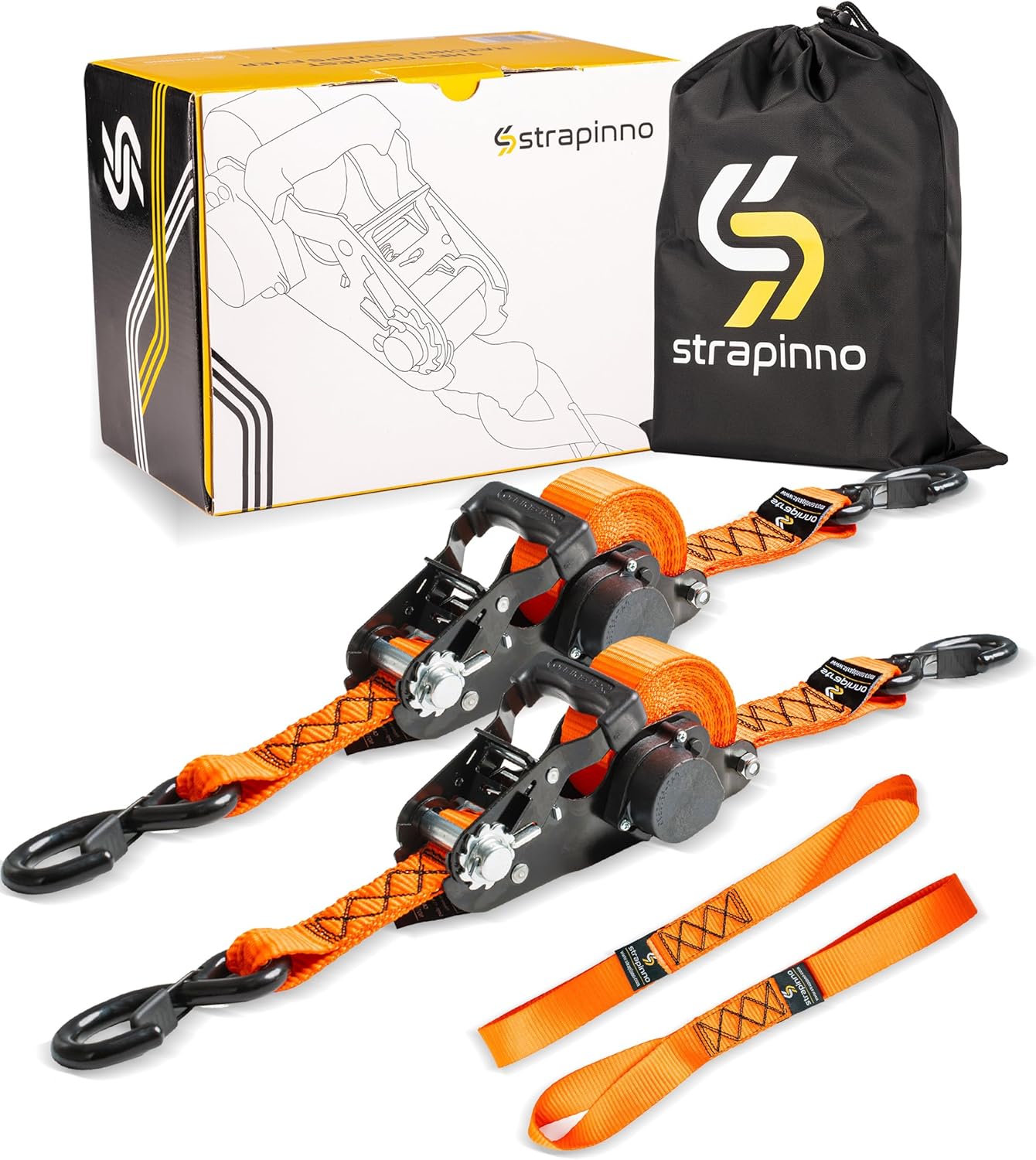 Strapinno 2PCs Retractable Ratchet Tie-Down Straps with Safety S Hooks & Soft Loop Straps - 1.5 in x 12 ft Heavy Duty Ratchet Strap to Secure ATV, Motorcycles, Cargo,4,850 lbs Break Strength (Orange)