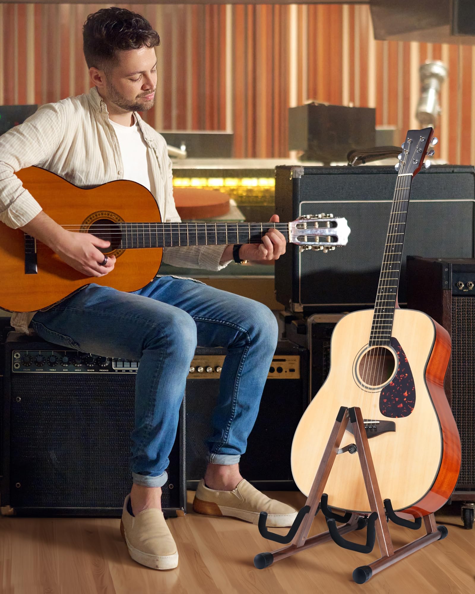 Doppio supporto per chitarra a forma di A per 2 chitarre (acustica/basso elettrico/banjo) con imbottitura in schiuma – forte supporto per pavimento per studio e casa