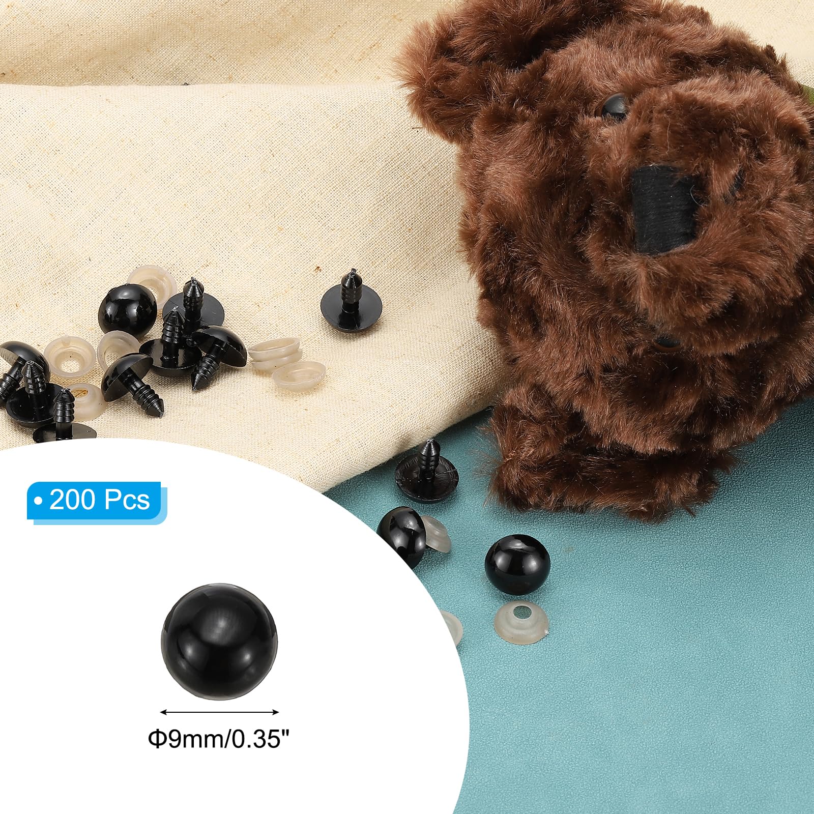 PATIKIL 9mm Black Safety Eyes, 200 Pcs Plastic Craft Eyes with Washers, Craft Kit for All Ages - Image 2