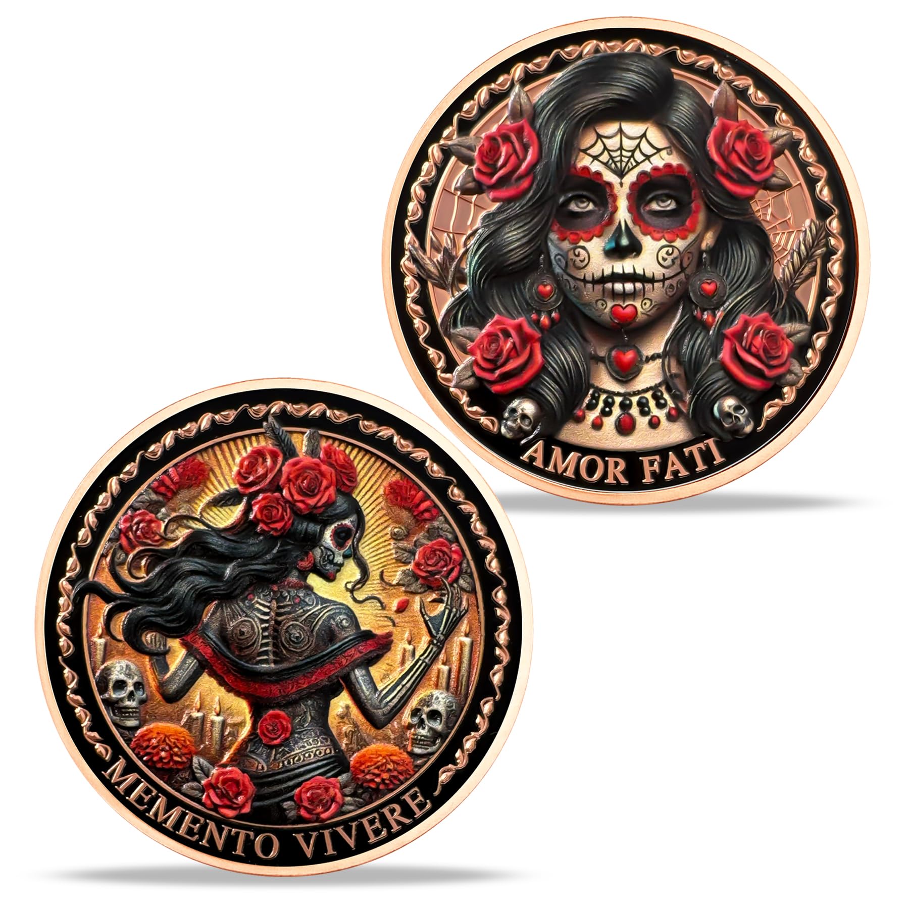 Memento Mori Coin – Rose Skeleton Woman with Amor Fati & Memento Vivere | Day of The Dead Gothic Challenge Coin | Inspirational Keepsake Gift for Men