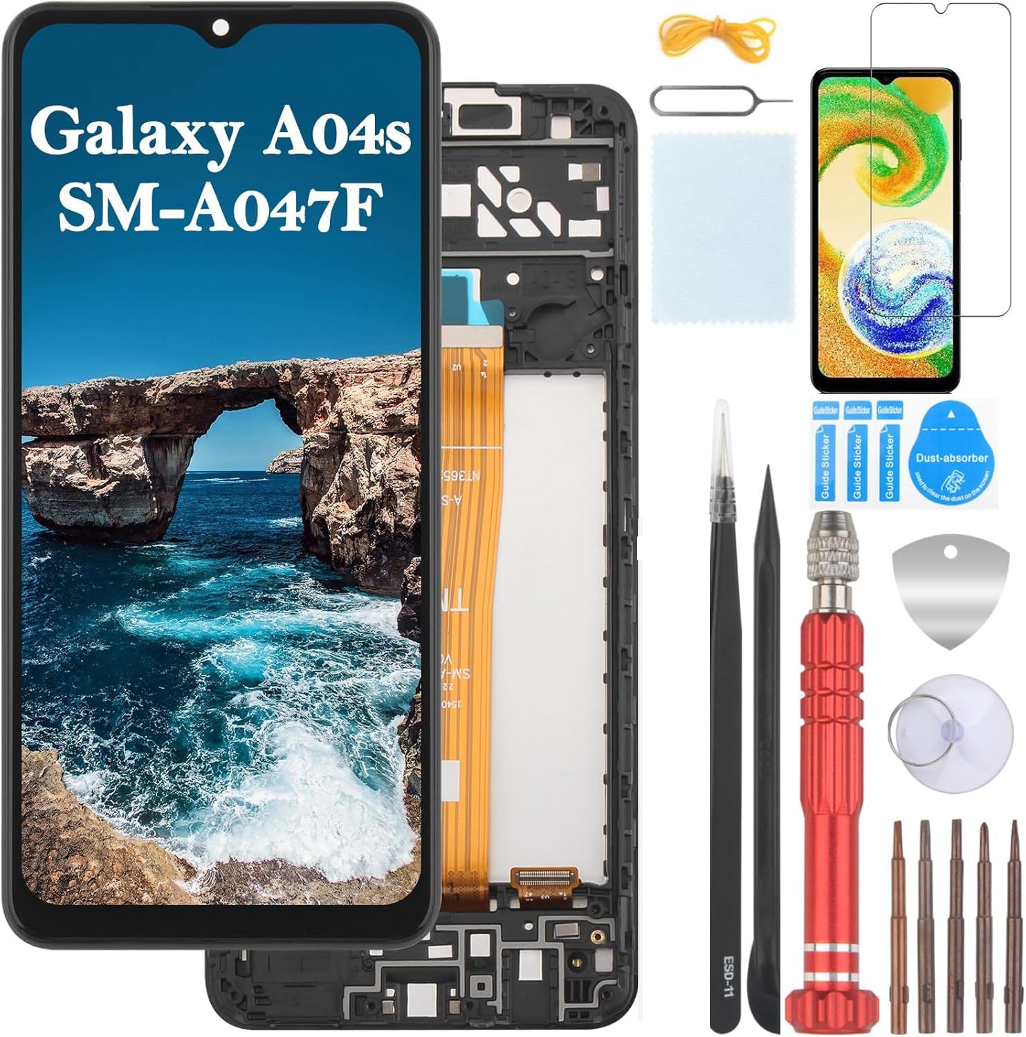6.50'' Negro + Marco Pantalla LCD para Samsung Galaxy A04S 2022 SM-A047F SM-A047F/DS SM-A047F/DSN ​Kit de Reparación de Pantalla Táctil Digitalizador con Herramientas + Cristal templad