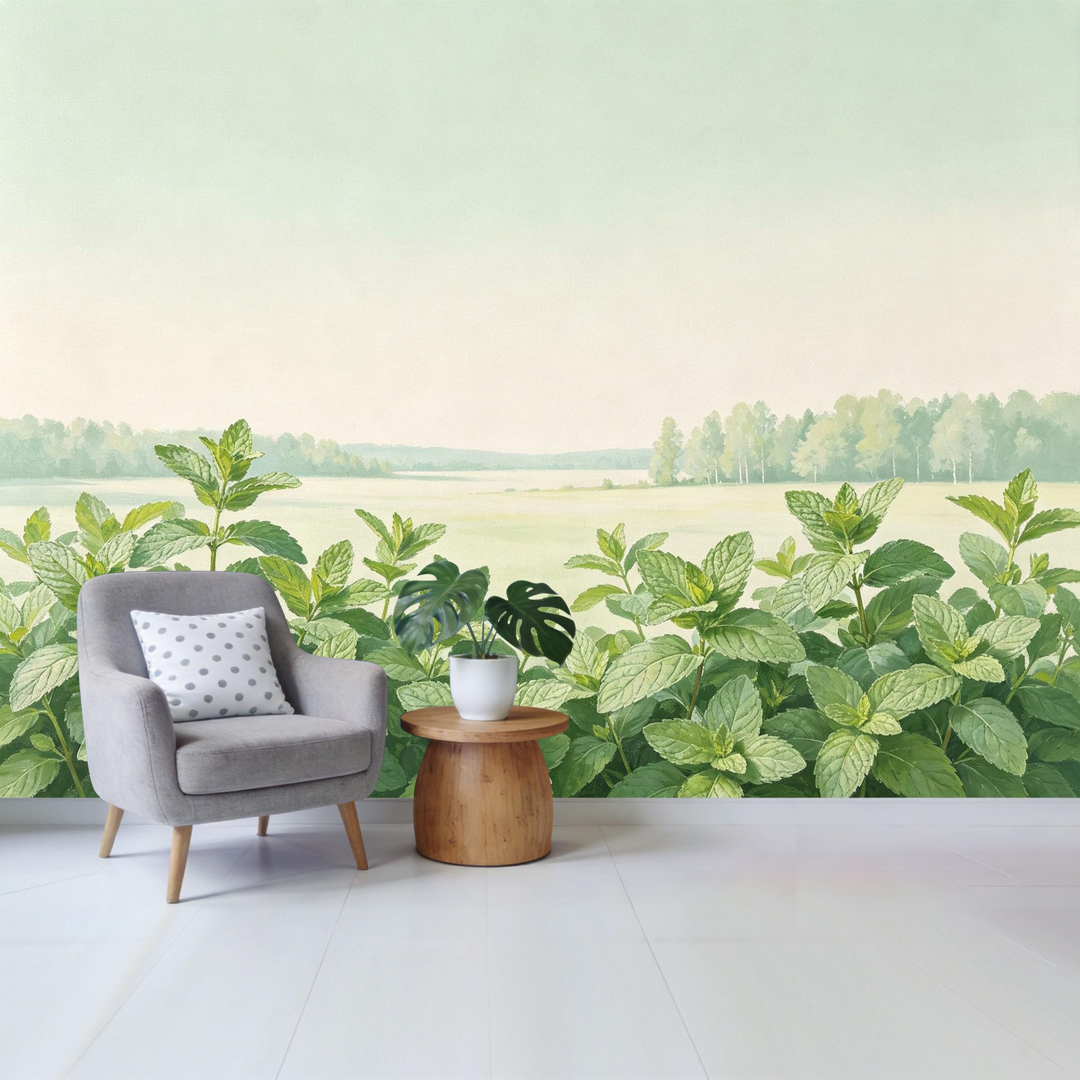 Qzlithotic Yq2605250351 Custom Size Wall Mural Mint Leaf Botanical Landscape Watercolor Style Selfadhesive Wall Fabric Removable Wallpaper For Home Office Decor