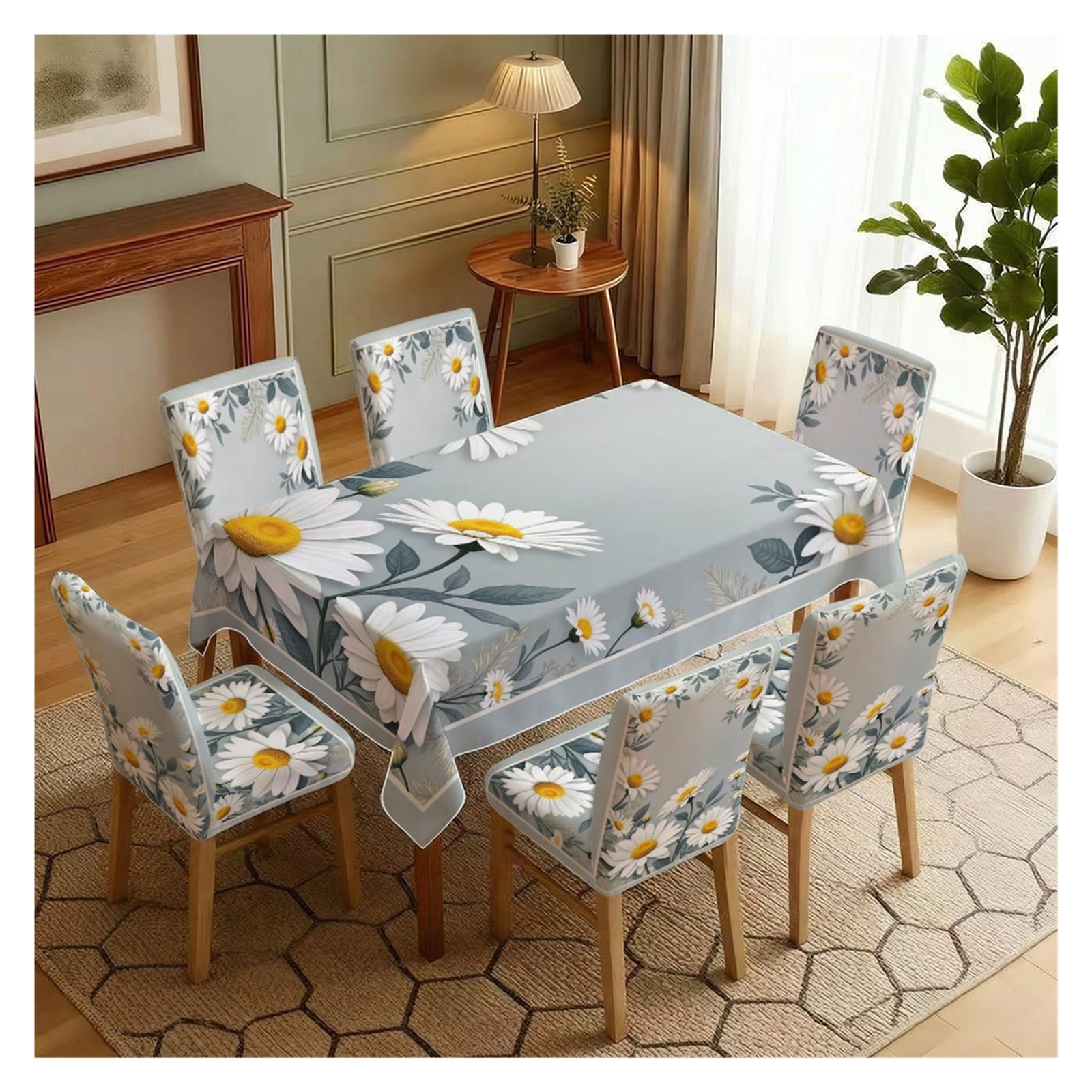 KXUAUV Stretch Dining Chair Slipcover & Tablecloth Set, Light Gray White Daisy Floral Print, 5/7 Pack, Fresh Farmhouse Kitchen Home Decor Party Decor(7pcs Set: Tablecloth+Chair Covers)