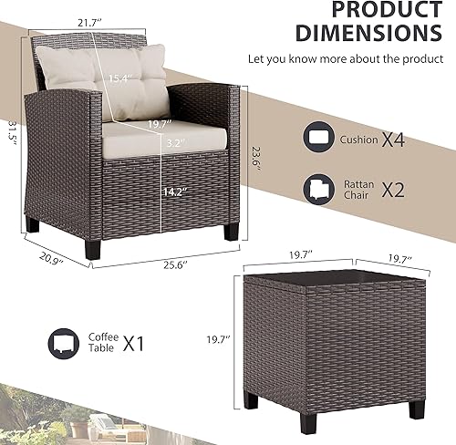 Miniatura 6 de Vongrasig Juego de muebles de patio de 3 piezas pequeños de mimbre para exteriores, porche, bistró, juego de sillas de patio acolchadas con mesa de