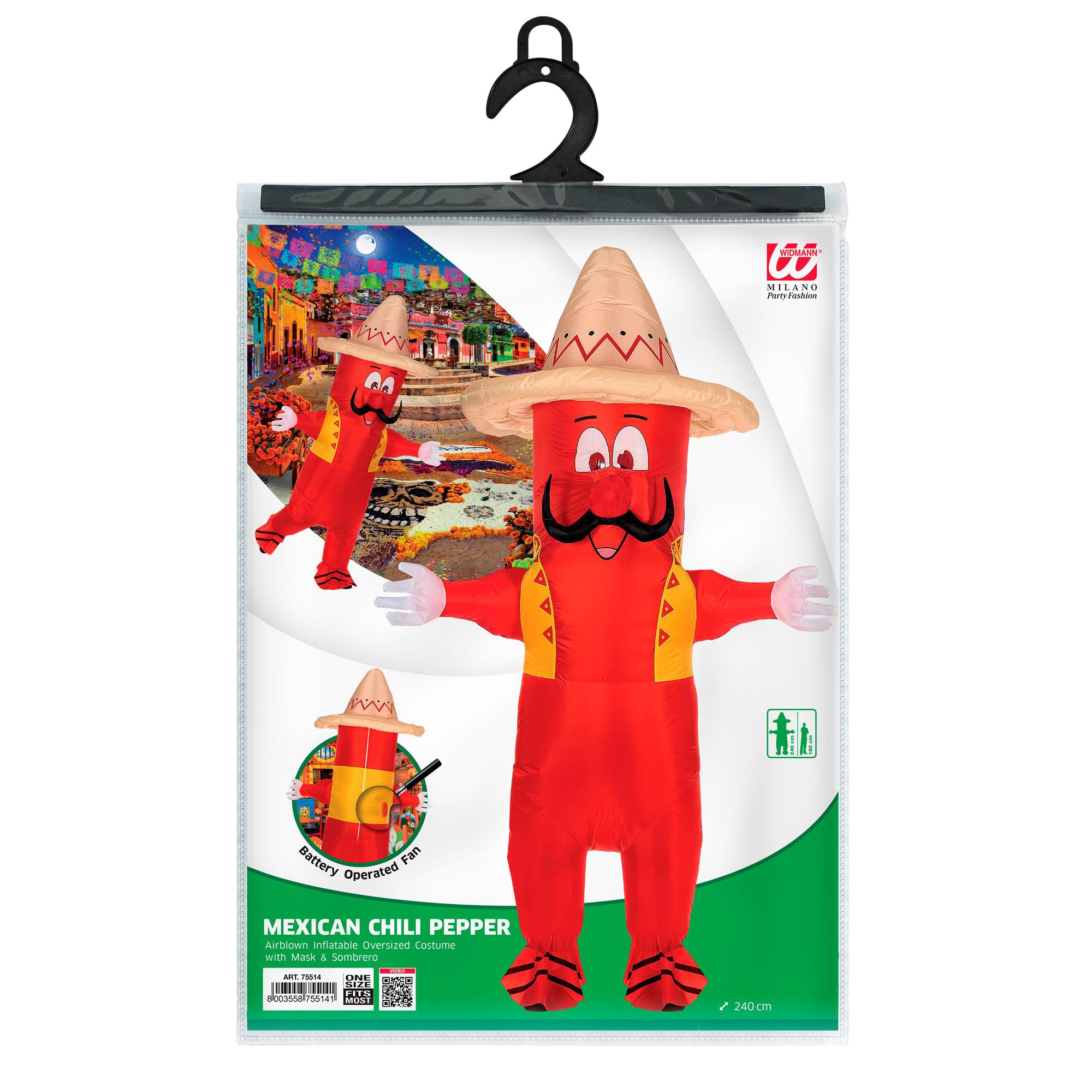 W WIDMANN MILANO Party Fashion - Disfraz hinchable de chile | Disfraz hinchable de chile con ventilador integrado, sombrero mexicano y máscara -para Carnaval y fiestas temáticas