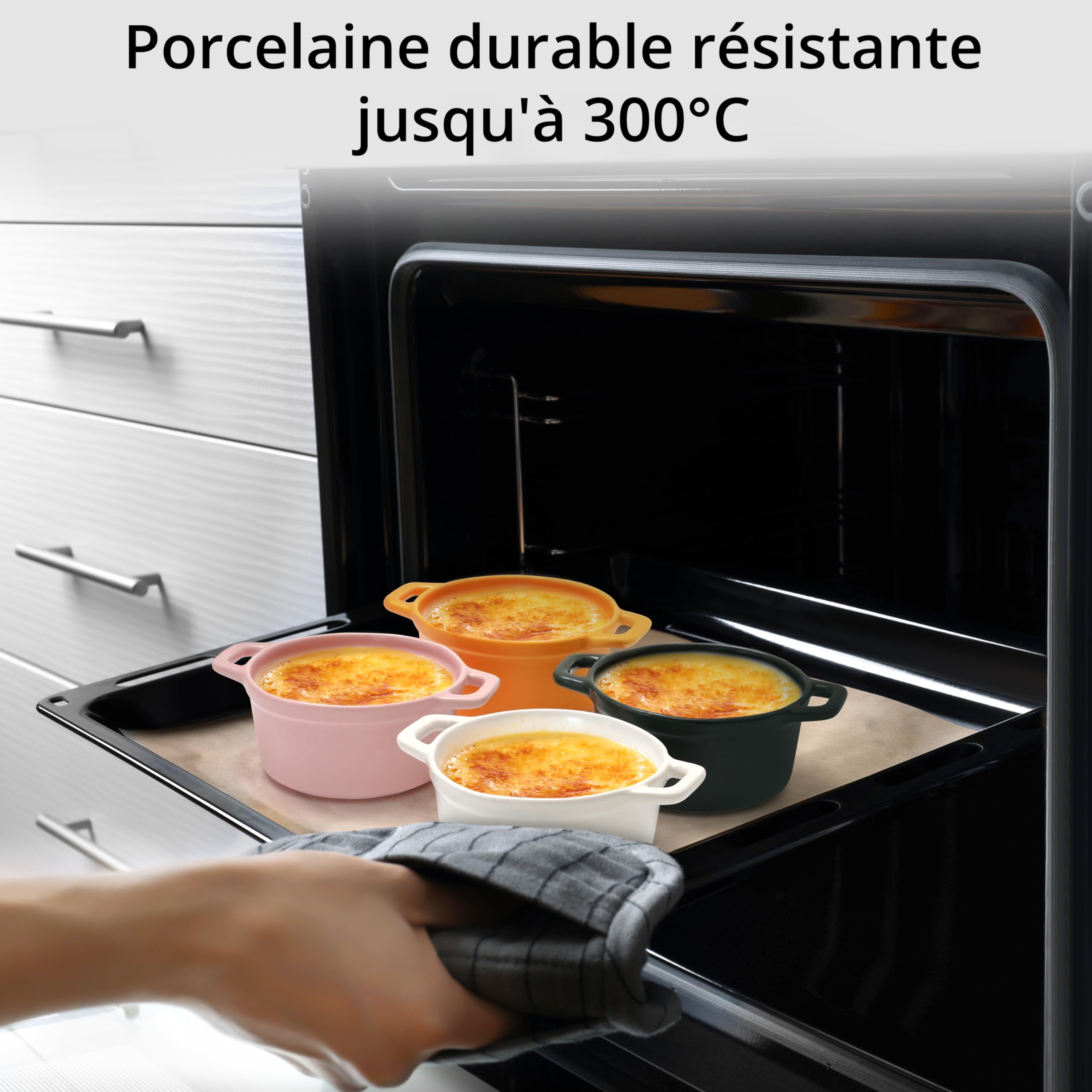 Winter Shore Mini Cocotte Individuelle de 270 ml en Porcelaine avec Couvercles & Poignées [Lot de 4] - Ramequin Four Empilable - Adaptés aux Micro-ondes, Congélateur & Lave-vaisselle - 4 Couleurs