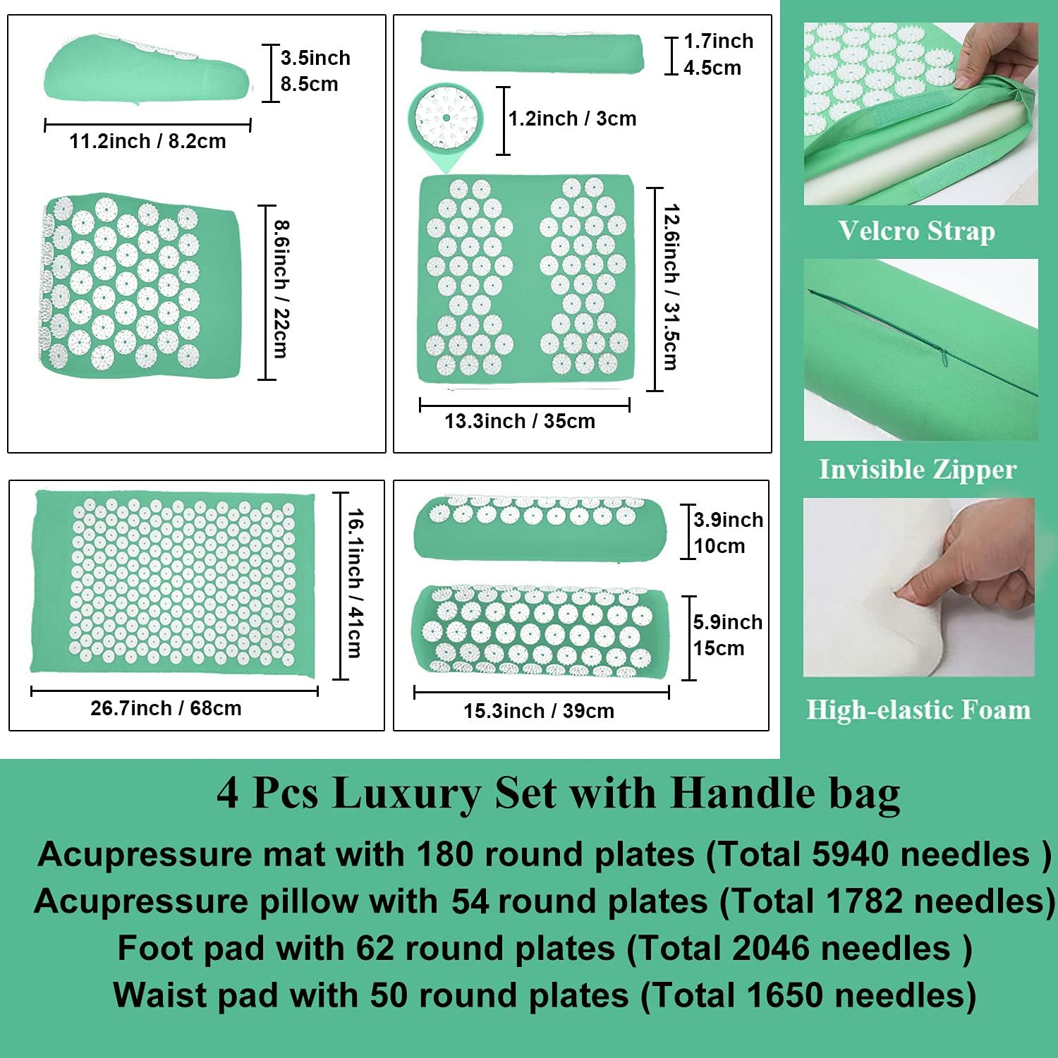 Luxury Acupuncture Mat 4pcs Set with Gift Case - Acupressure Mat and Pillow Set - Foot Massager Pad - Back Stretcher - Naturally Relax Back, Neck and Feet Muscles - Stress and Pain Relief (Green) : Health & Household