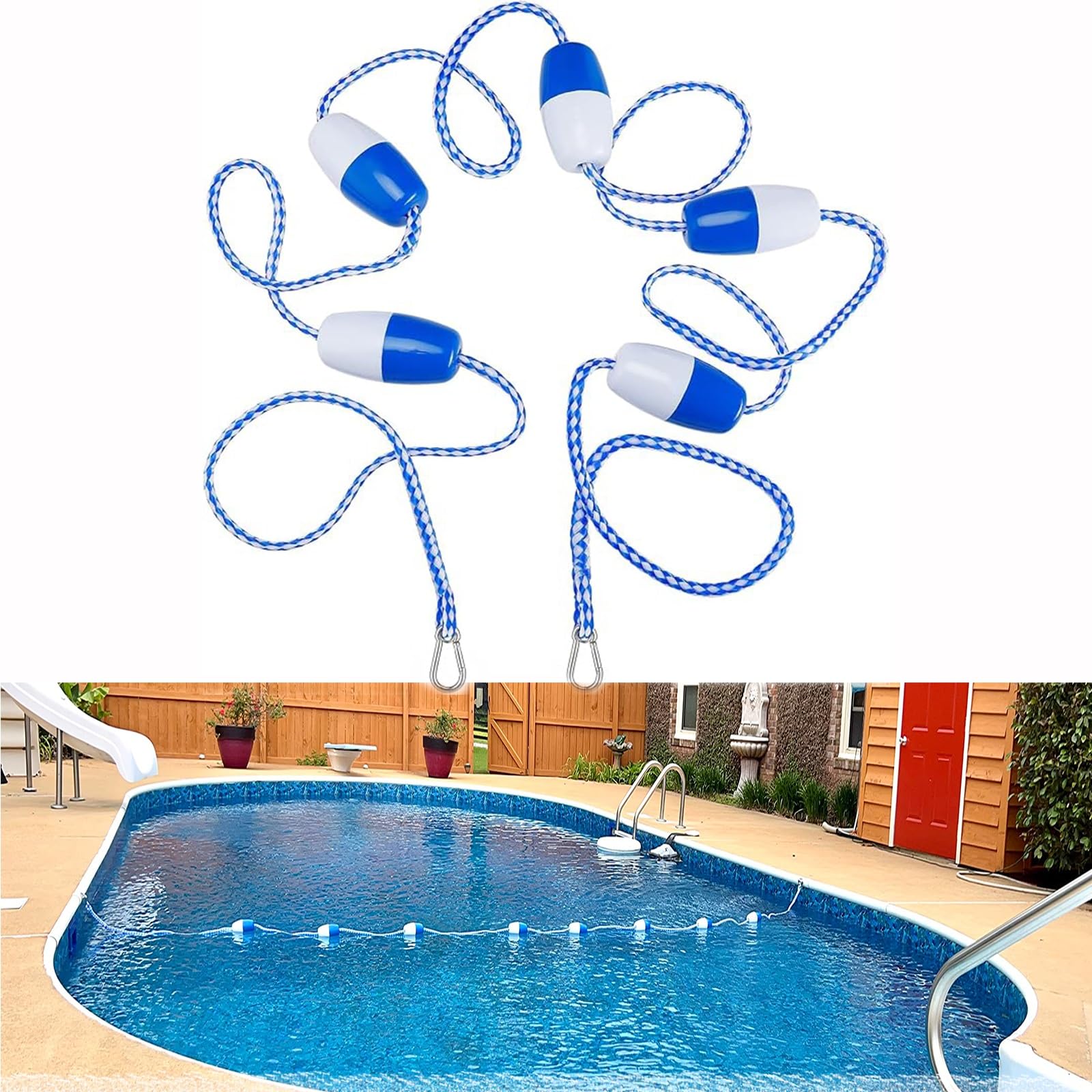 Corda Galleggiante Regolabile per la Sicurezza in Piscina - con galleggianti e Ganci in Acciaio Inossidabile preassemblati, divisori per corsie di Nuoto, Accessori, 7,6 m (25 Piedi)