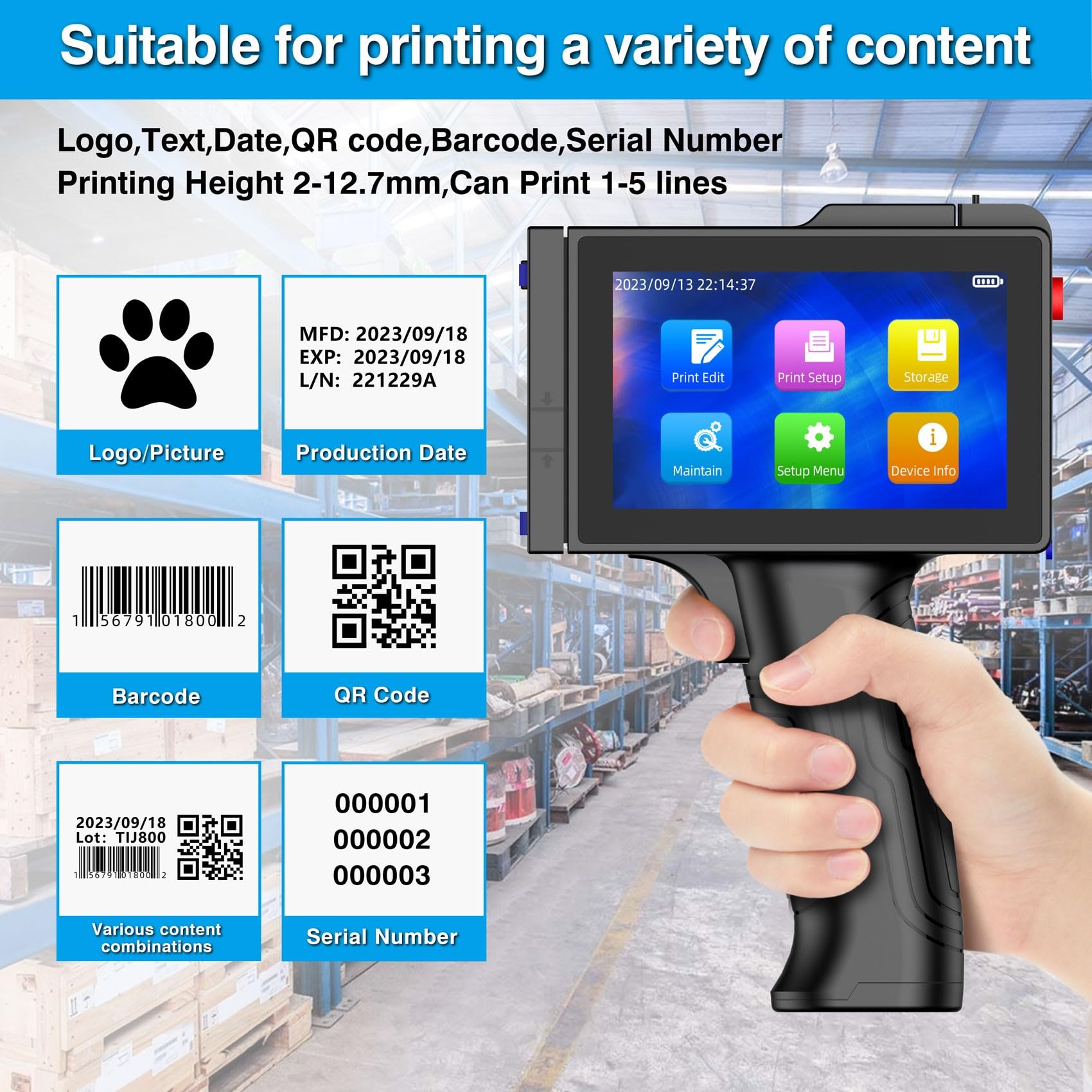 Agendepoint.it Stampante Palmare Portatile TIJ800 a Getto D'inchiostro PortatileTouch da 5 Pollici per Logo/Immagine/Codice a Barre