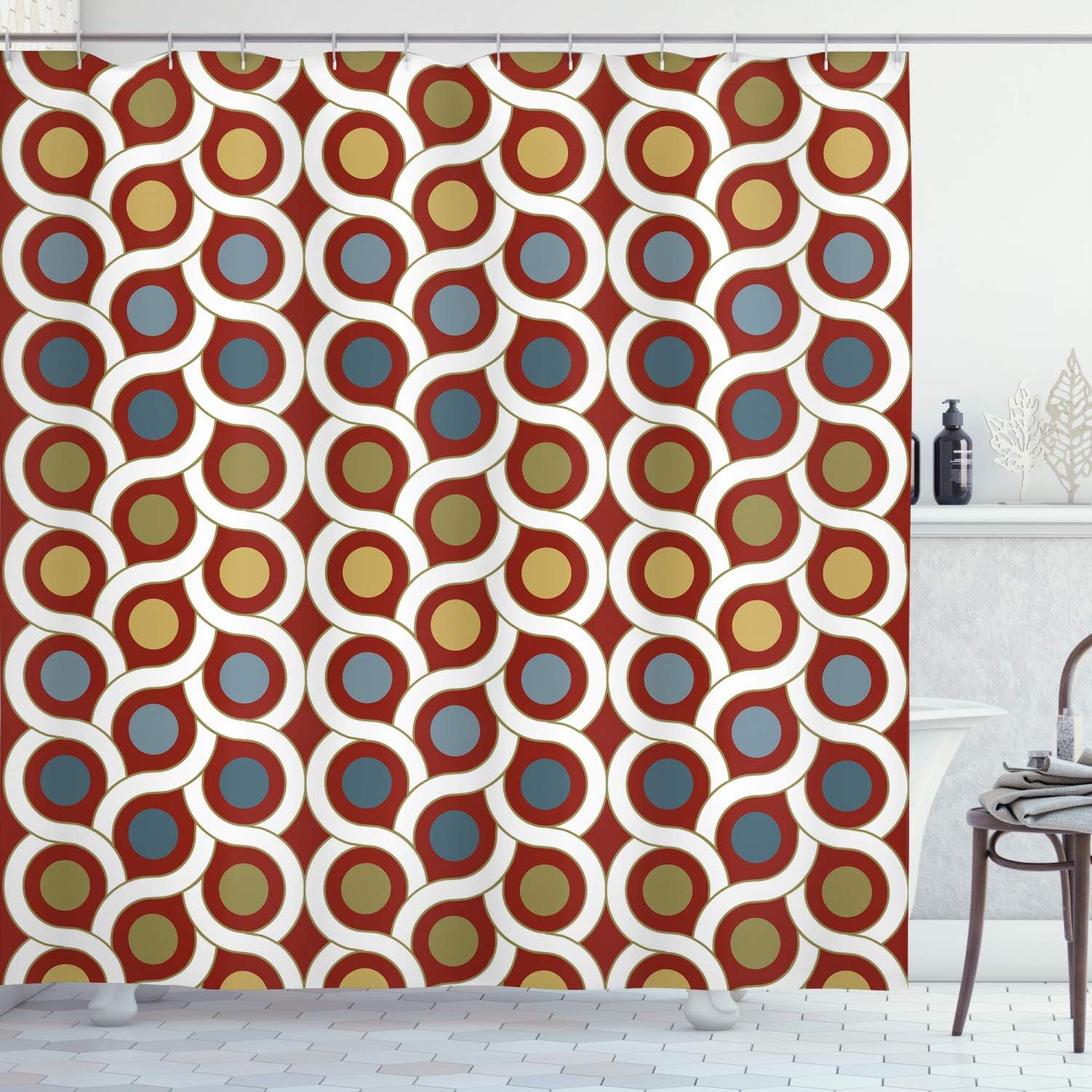 Ambesonne Abstract Shower Curtain, Dots Circles Entangled Lines Curvy Wavy Retro Style Mixed Grid Like Composition, Fabric Bathroom Decor Set with Hooks, 69" W x 70" L, Multicolor