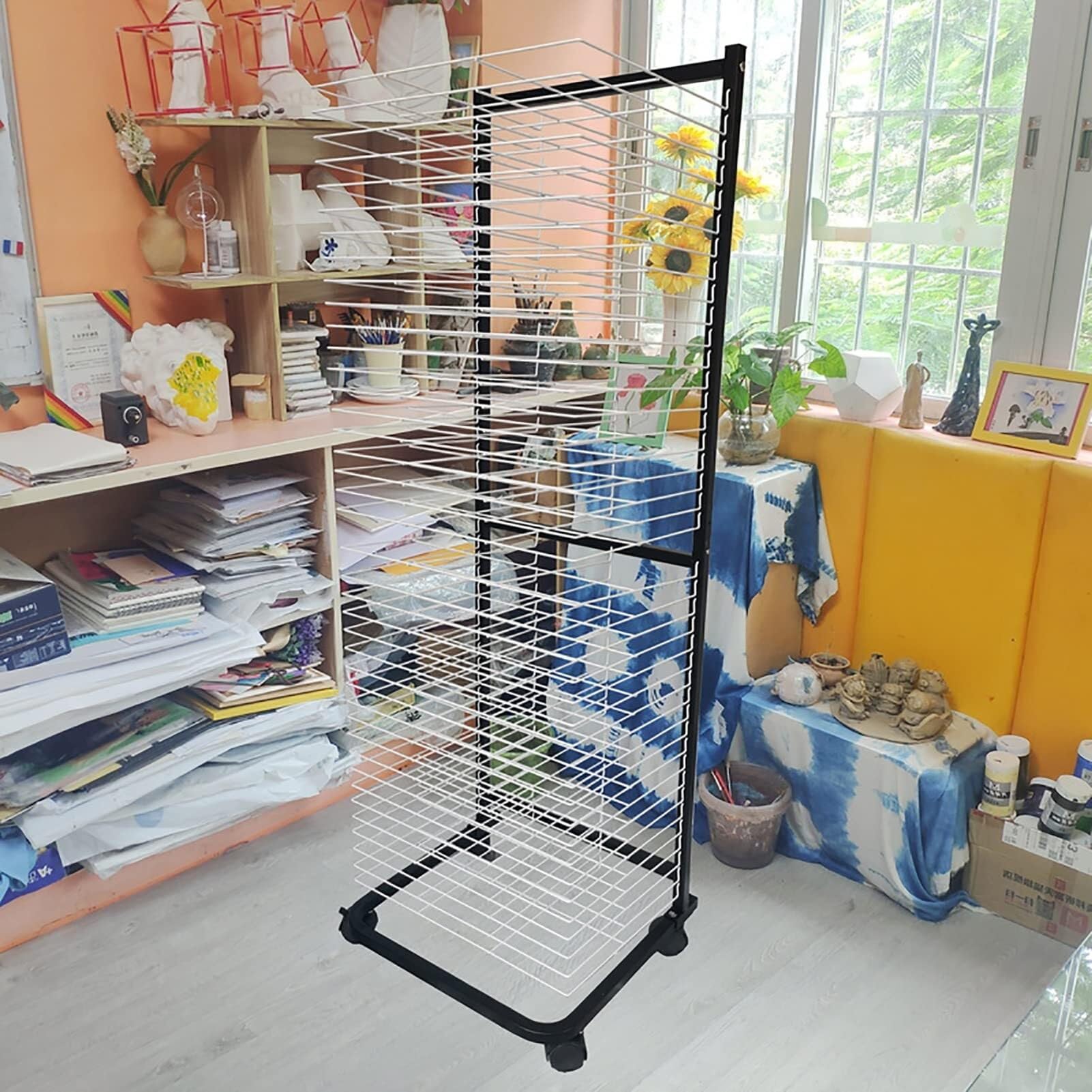 PPXCZZ Mobile Art Drying Rack with 40 Wire Shelves, Steel A3 Paper Storage for Classroom, Studio & Home, Black & White