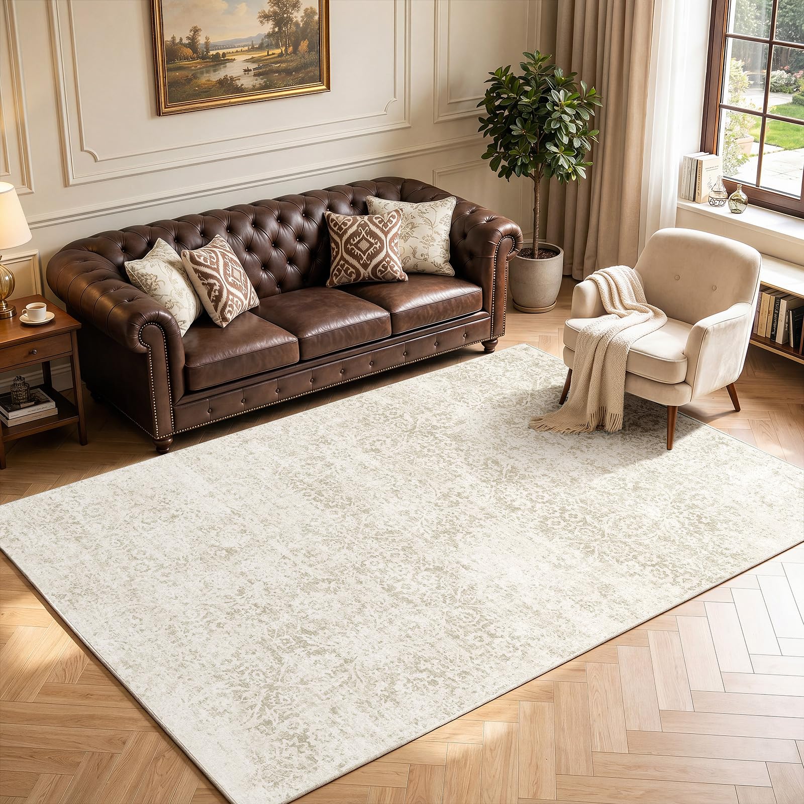 Autsel Living Room Rugs 160x230cm, Large Washable Rug, Non Slip Low Pile Area Rugs, Vintage Rug, Multi-use Durable Floor Carpet for Bedroom, Kitchen, Runner Rugs for Hallway, Vintage Beige