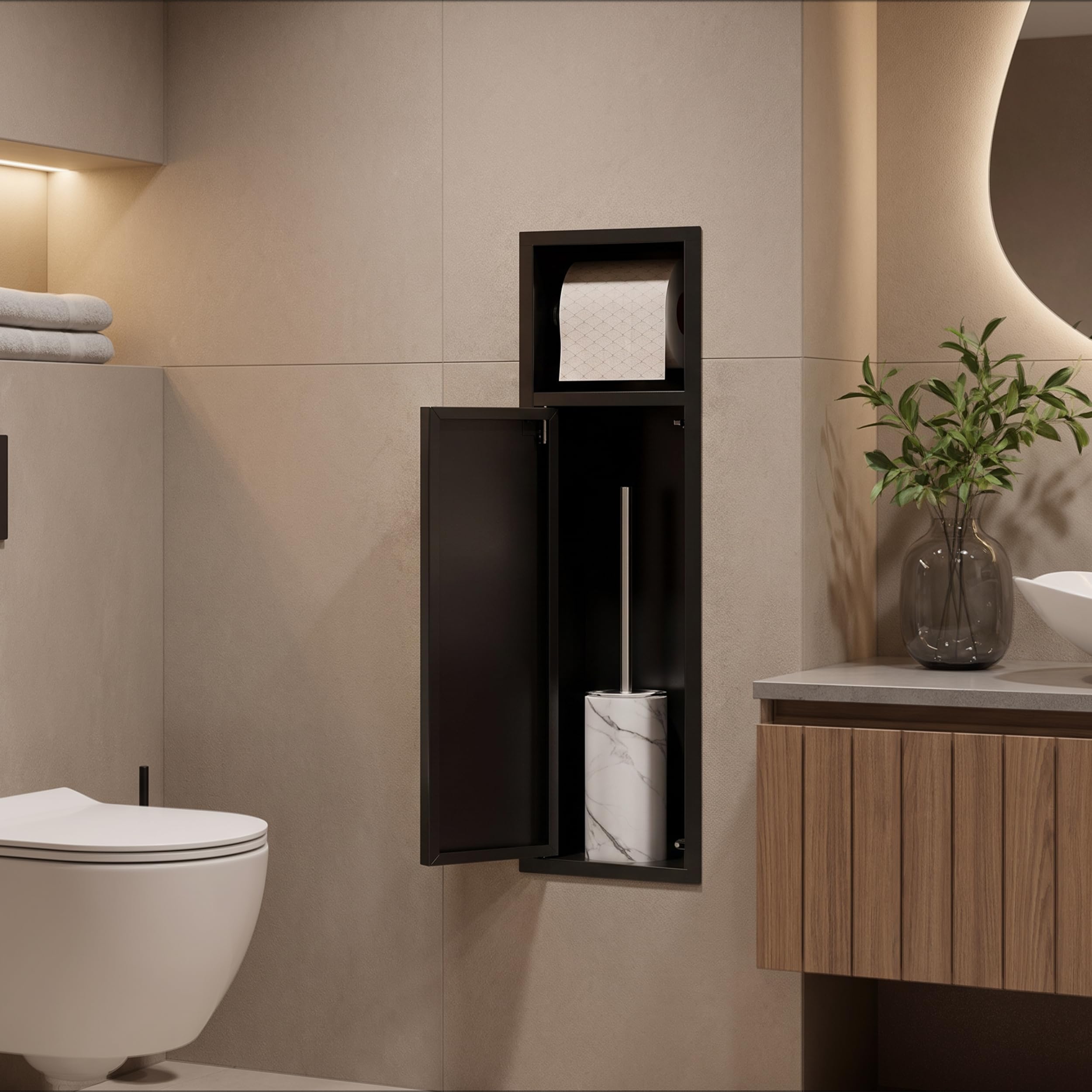 MSFE Portarrollos de Papel Higiénico Empotrado,Módulo de Armario Empotrado para Baño de Acero Inoxidable para Guardar Papel Higiénico y Escobilla de Baño en el Baño,Apertura a Presión,63x17.8x15CM