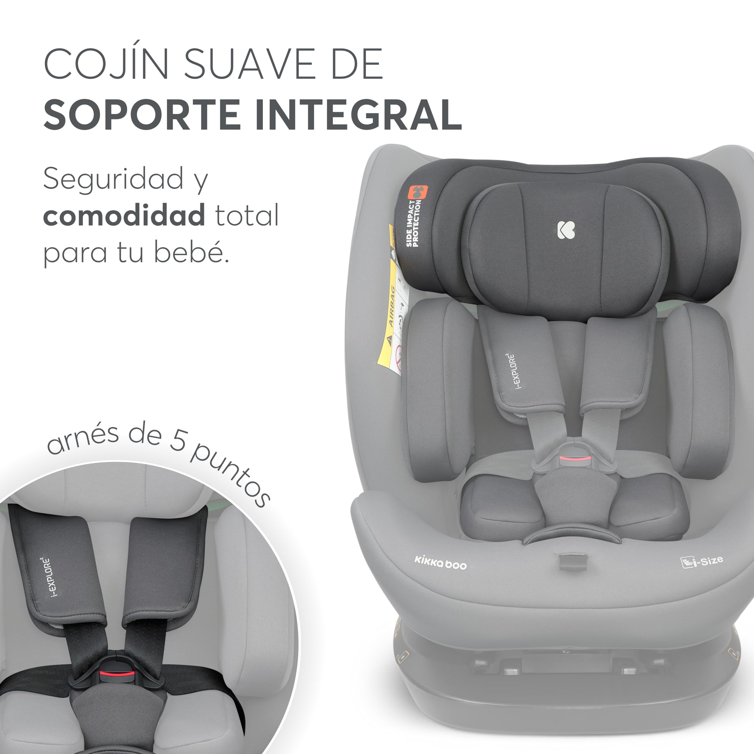 KikkaBoo Silla Coche Bebé sin ISOFIX i-EXPLORE 2, Grupo 0 1 2 3, i-Size 40-150 cm, Reclinable, 0-12 Años, Reposacabezas 14 Posiciones, Cojín y Arnés 5 Puntos, Grey — view 9