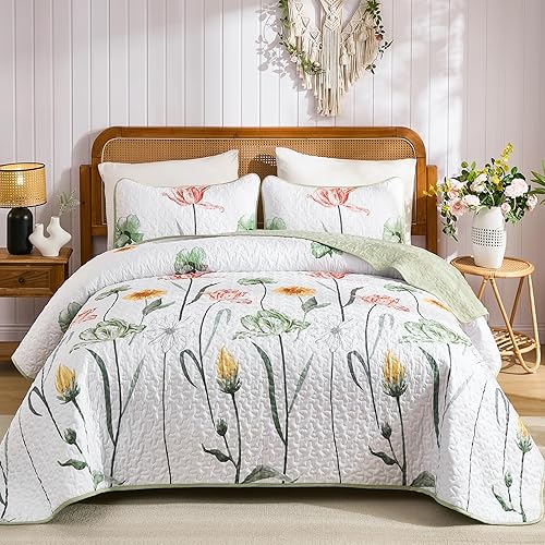 Miniatura 10 de WONGS BEDDING Juego de edredón floral tamaño King, juego de ropa de cama gris y amarillo con 2 fundas de almohada, juego de ropa de cama floral de