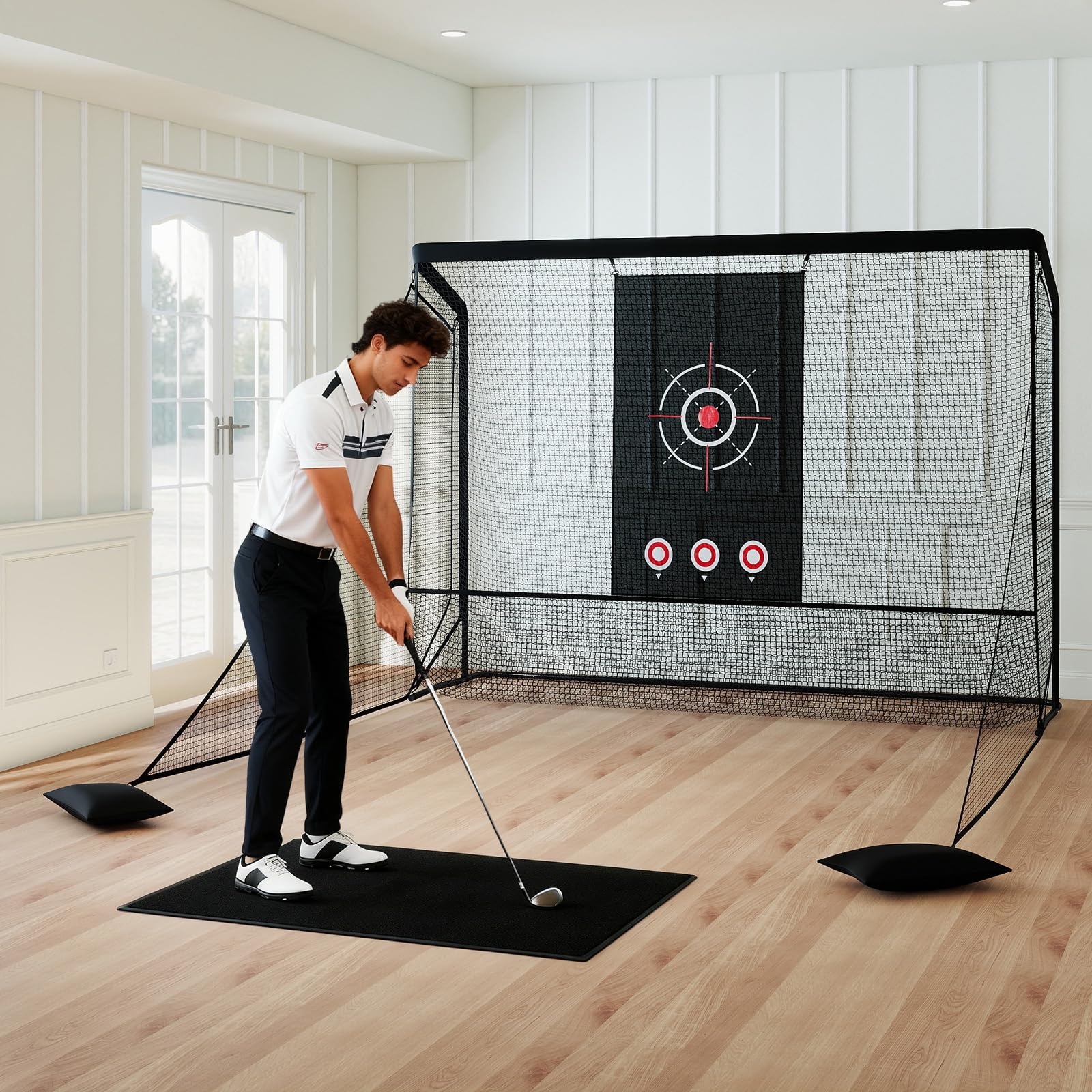 COSTWAY Filet d'Entraînement de Golf avec Cible, Filet de Frappe Golf Portable avec Barrières Latérales Amovibles, Sacs de Sable, Sac de Transport pour Intérieur et Extérieur