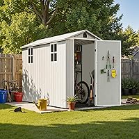 Patiowell 4x8 FT Light Grey Plastic Resin Outdoor Storage Shed with Floor, Lockable Door, Windows - Easy One-Person Assembly