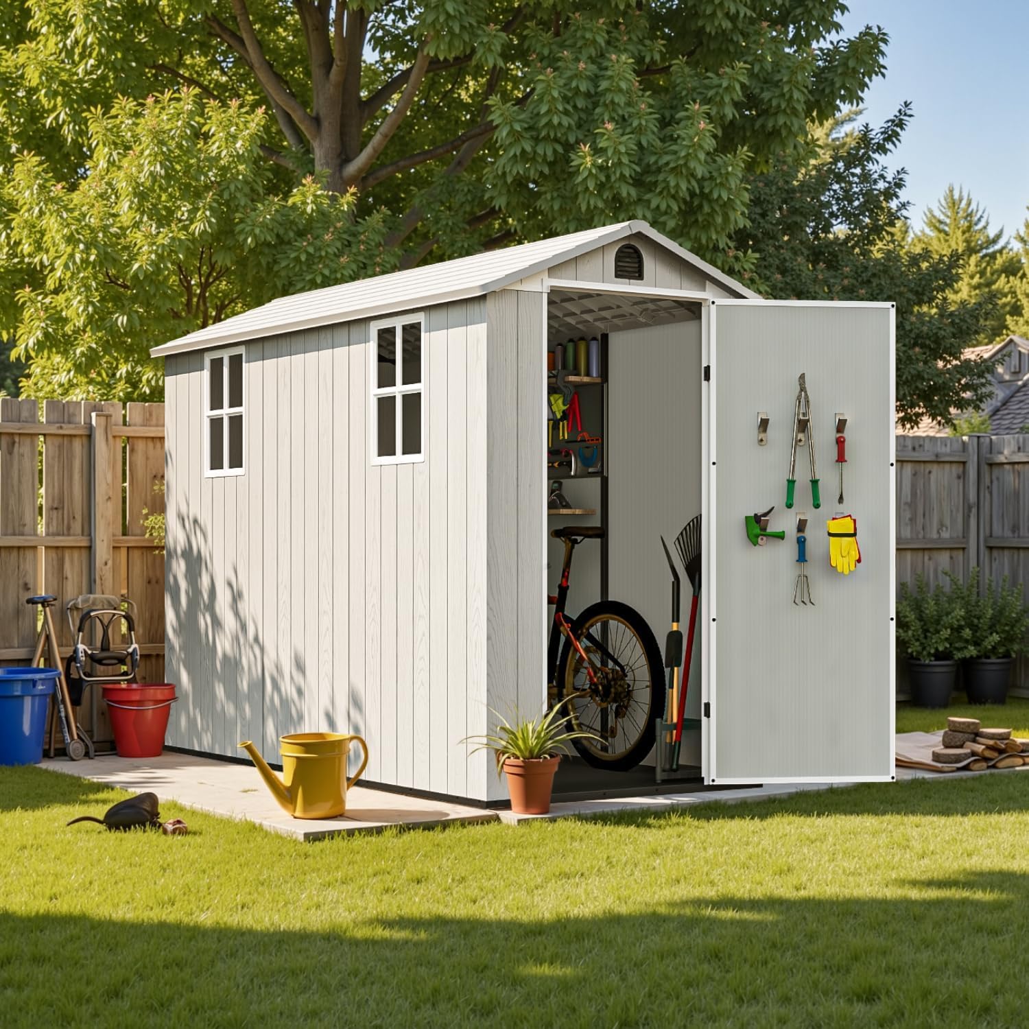 Patiowell 4 x 8 FT Plastic Outdoor Storage Shed with Floor, Garden Tool Shed with Two Windows and Single Lockable Door for Garden, Backyard, Lawn, Easy to Install, Light Grey(Fit-it Shed)