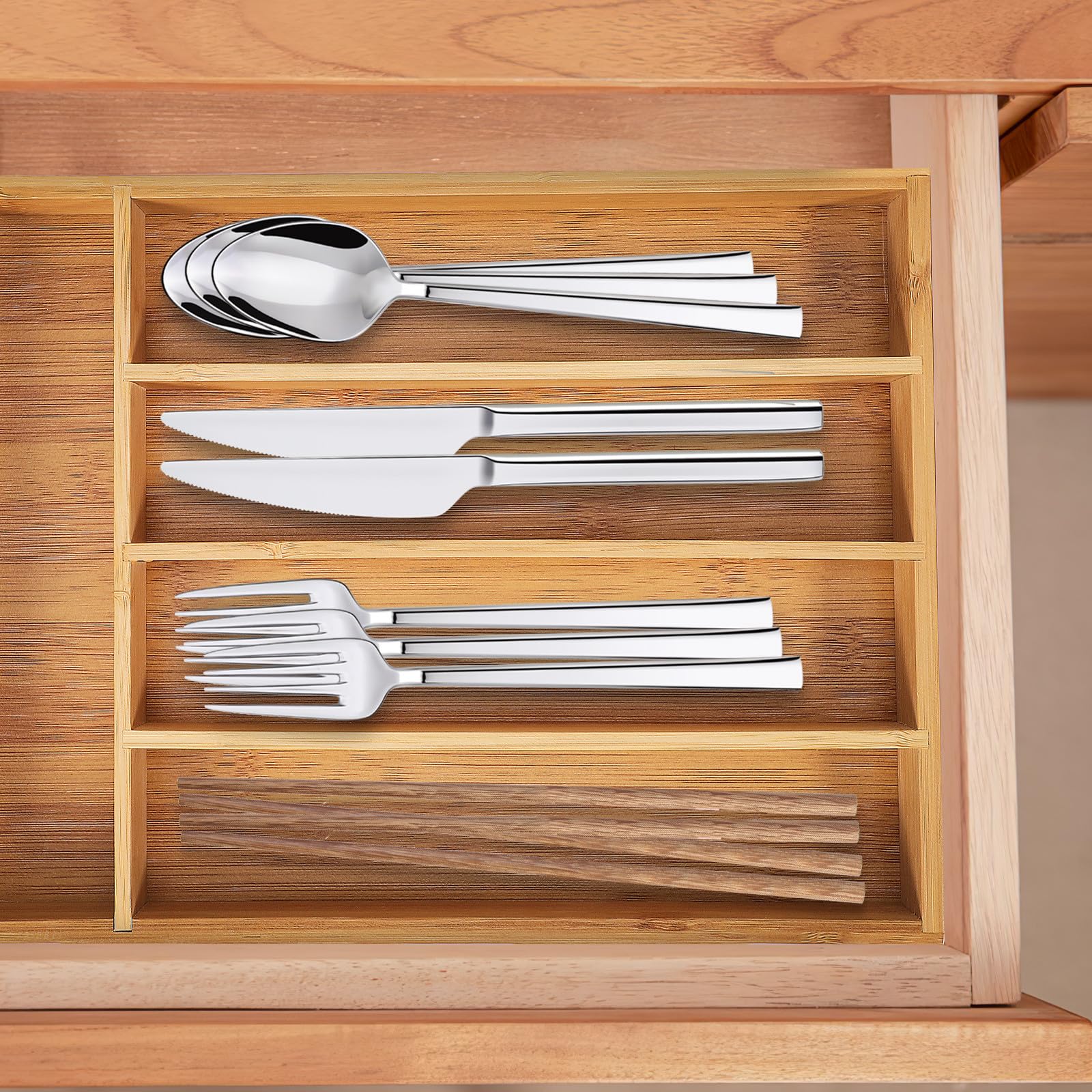 Cubiertos para Almacenamiento Elegante Organizador para Cajones de Cocina de Bambú Multifuncionales 5 Compartimentos y Resistente