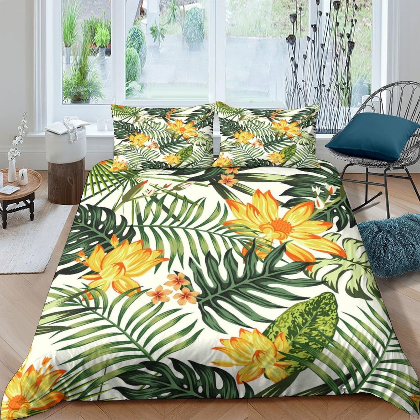 GPLZQXKJNH 3D Printed Tropical Leaves Duvet Cover Microfiber Soft Breathable Yellow Flower Bedding Set with 2 Pillowcases for Bedroom Decor Single（135x200cm）