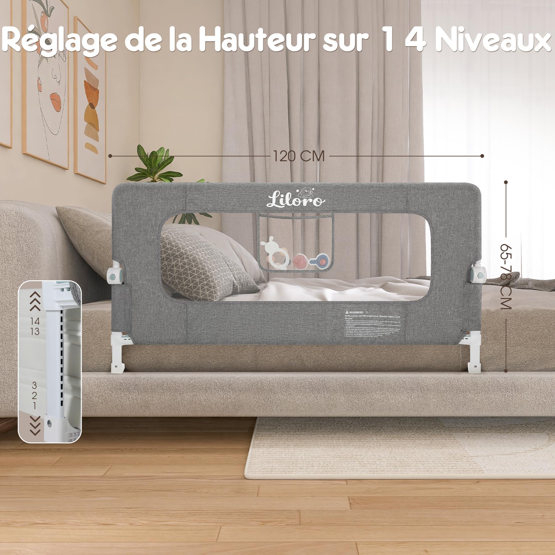 Barrière de Lit Enfant 120 cm Repliable sans Perçage, Base Élargie Anti-Collision