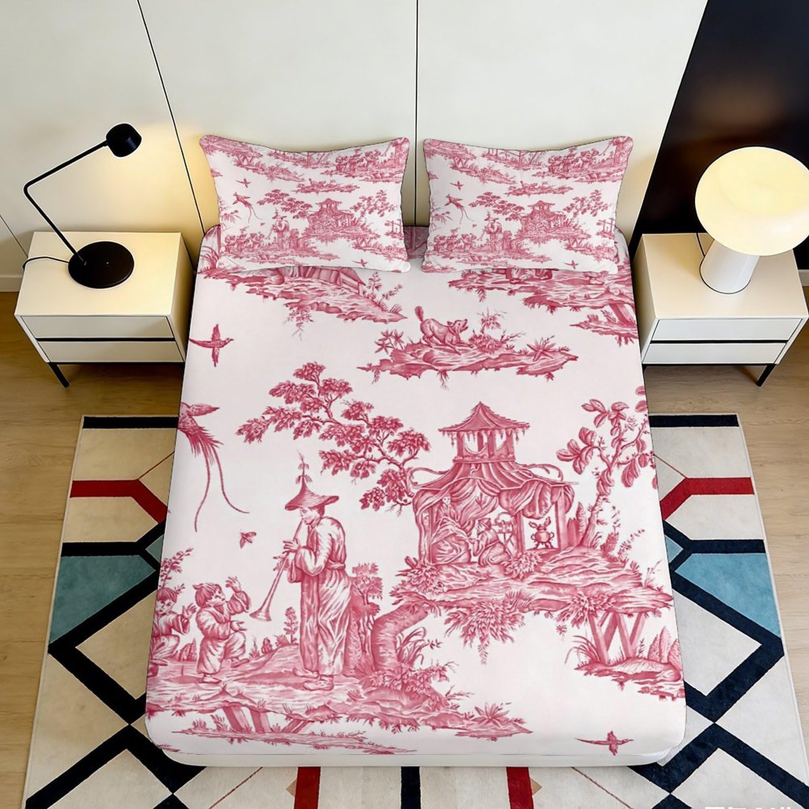 3D Printed Oriental Toile Red Fitted Sheet Microfiber Soft Breathable Chinoiserie Bed Cover for Bedroom Dorm Mattress Protection Decor 120x200x25cm