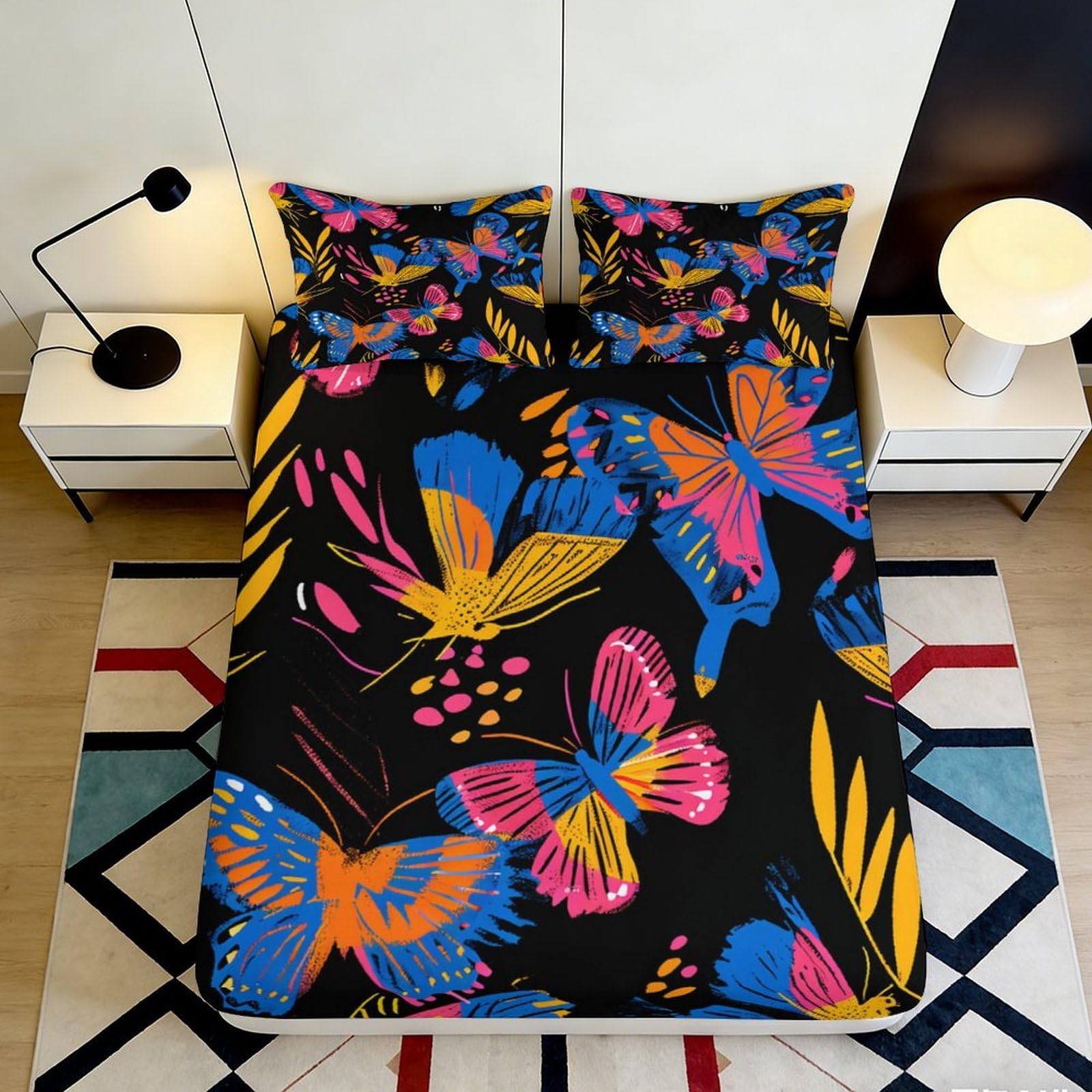Uynsixtme Style-8 3D Printed Butterfly Pattern Fitted Sheet Microfiber Deep Pocket Bedroom Bedding Set Non-Slip Butterfly Mattress Fitted Cover For Adults Teens 200X200x25cm
