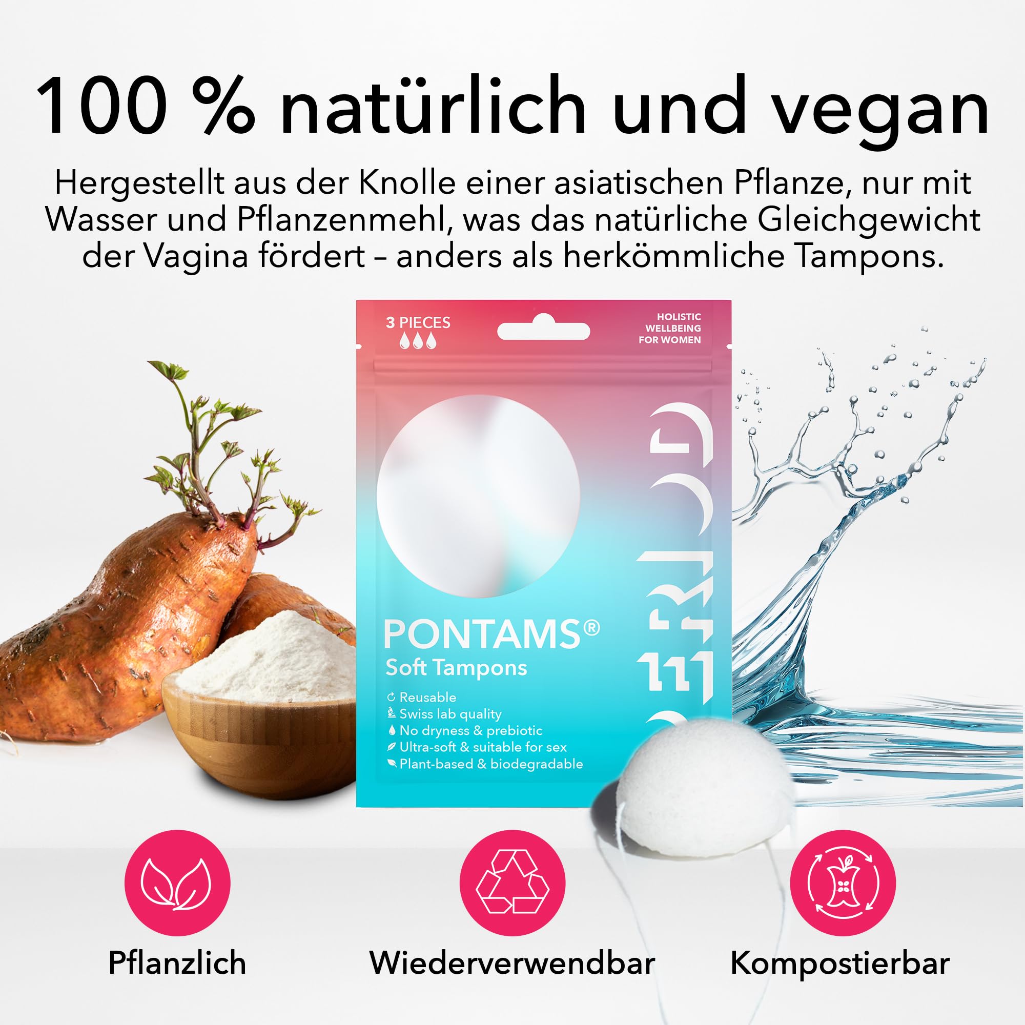 PERIOD PONTAMS Soft-Tampons für Frauen – 3 Tage wiederverwendbare und kompostierbare Tampons – Unterstützung des probiotischen Gleichgewichts – Ultraweich, auf pflanzlicher Basis, 12 Stück