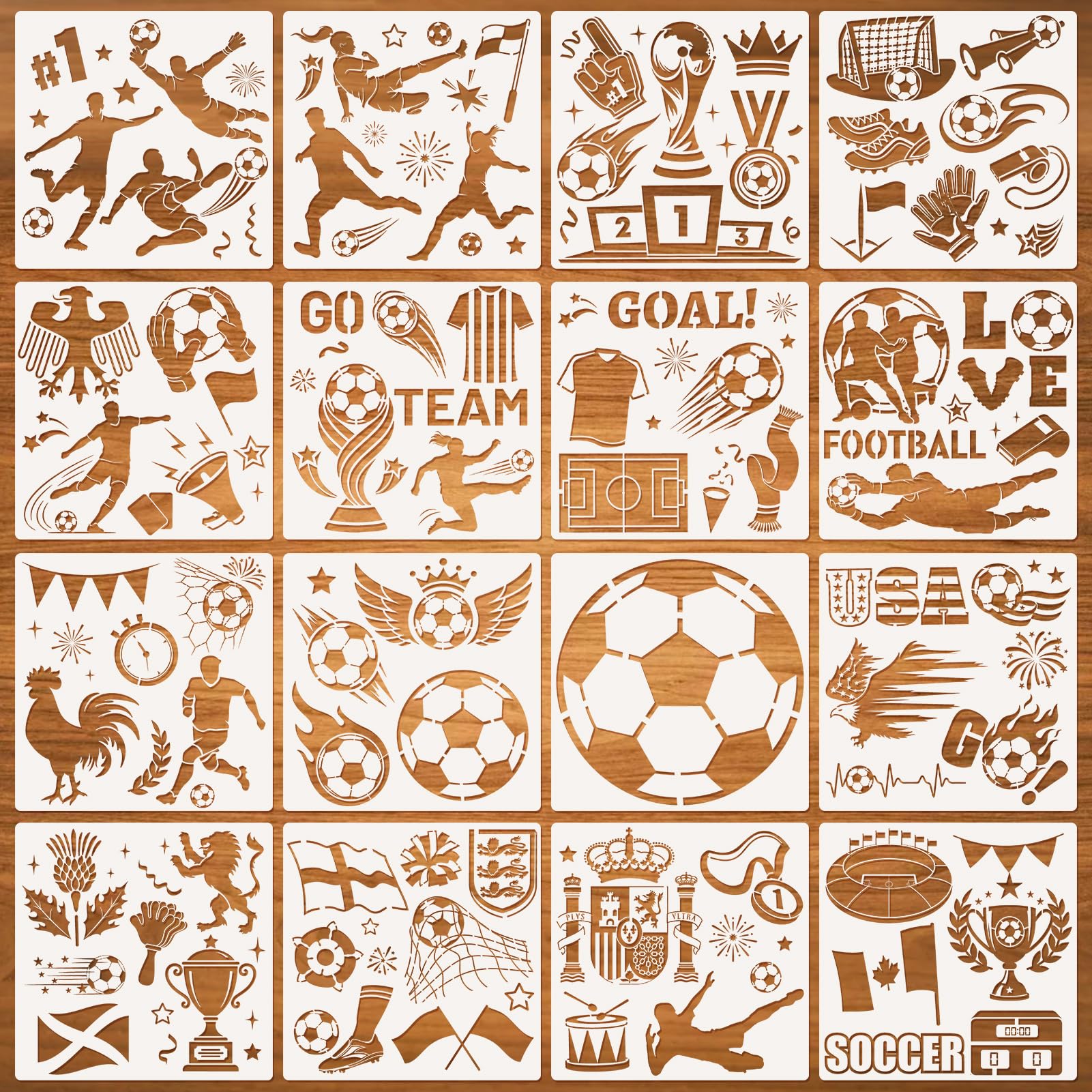 DPKOW 16 x Deportes Fútbol Plantillas para Dibujo, Futbol Deportes Plantillas para Pintar Fútbol Álbumes de Recortes en Madera/Lienzo/Pared/Cara/Papel/Hogar/Suelo, Mundial Eurocopa Manualidades - 1
