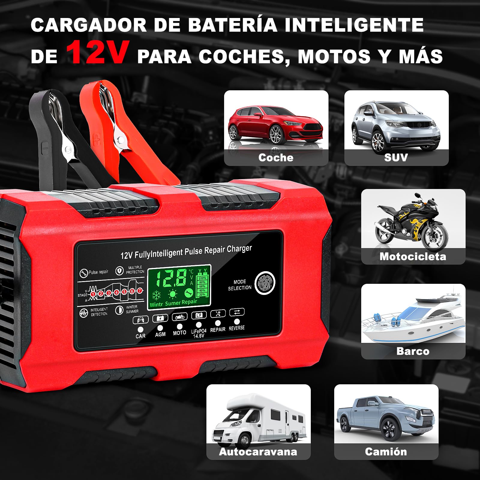 YDBAO Cargador de Baterias Coche 12V 10A Cargador de Batería de Coche Inteligente con Pantalla Táctil LCD y Múltiples Protecciones Cargador de Baterias Coche y Moto para Auto,Moto, AGM, Gel, SLA — view 5