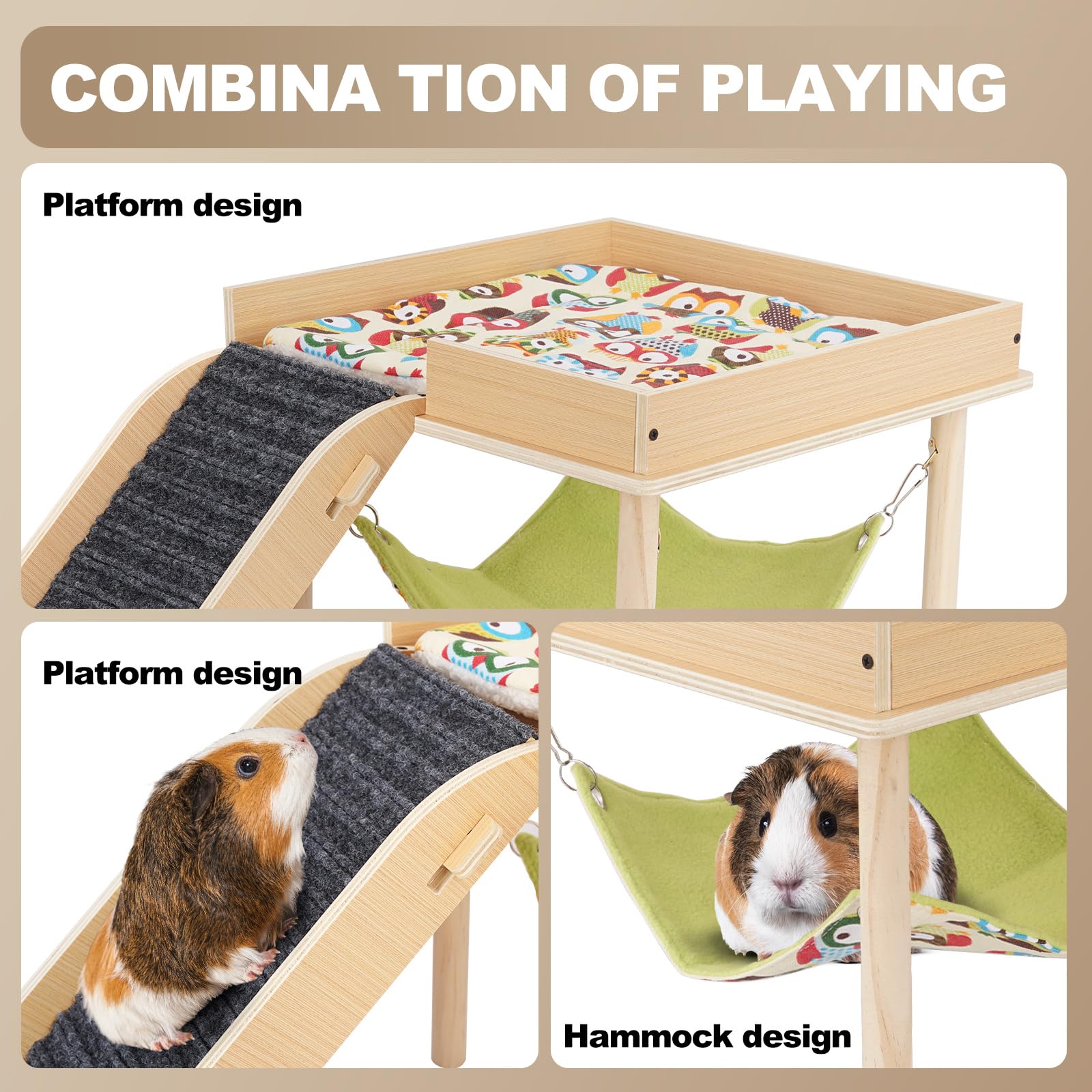 Meerschweinchen-Hängematte mit Rampe, Holz Meerschweinchen Versteck Spielzeug mit Plattform, Meerschweinchen Zubehör Schloss mit weicher Matte & Treppe für Käfig Kleintiere Hamster Chinchilla Igel