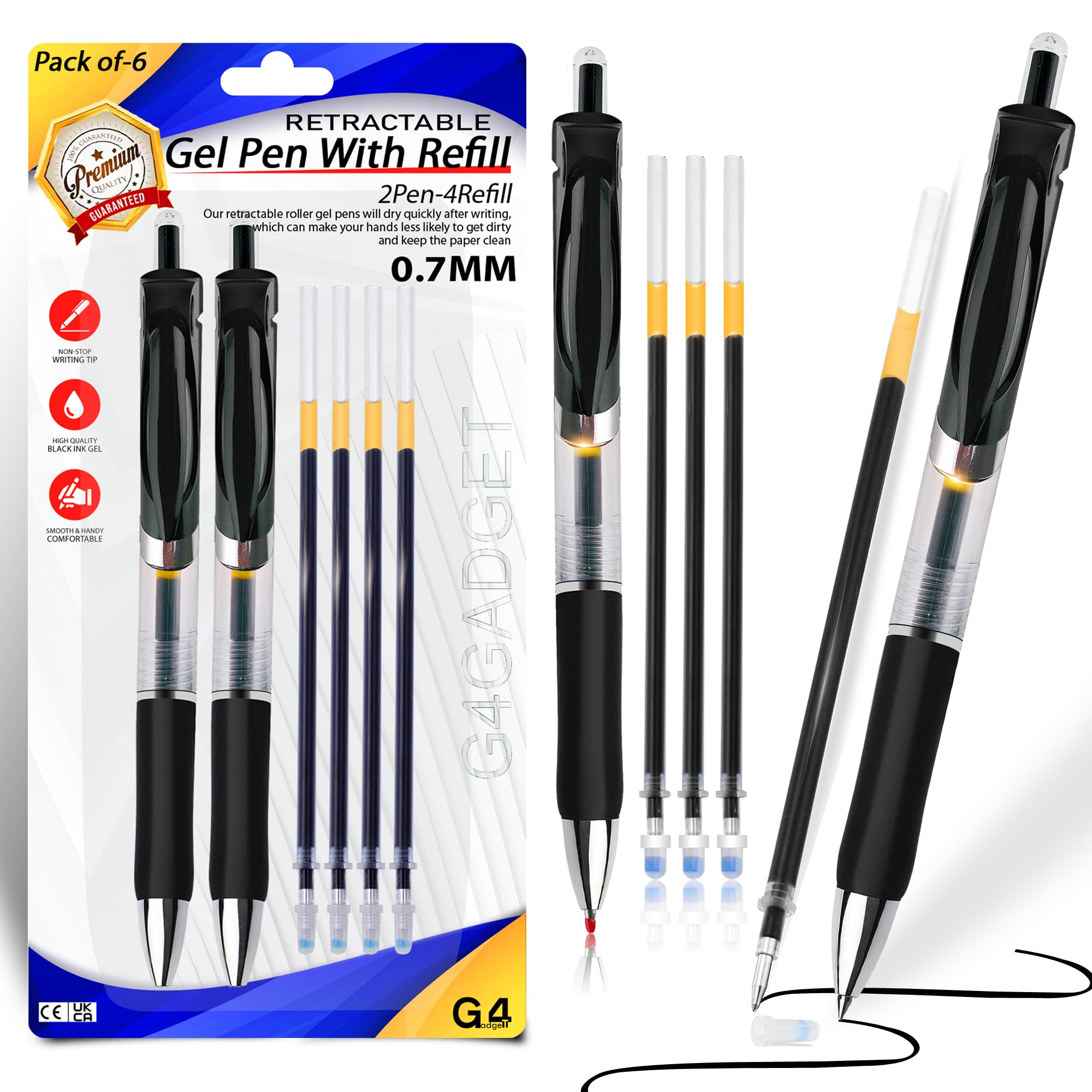 G4GADGET Retractable Gel Pens with Refill Black Ink – Pack of 6 (2 Pens + 4 Refills) – Smooth Writing Quick-Dry No Smear No Bleed Pens for Office, School & Journaling