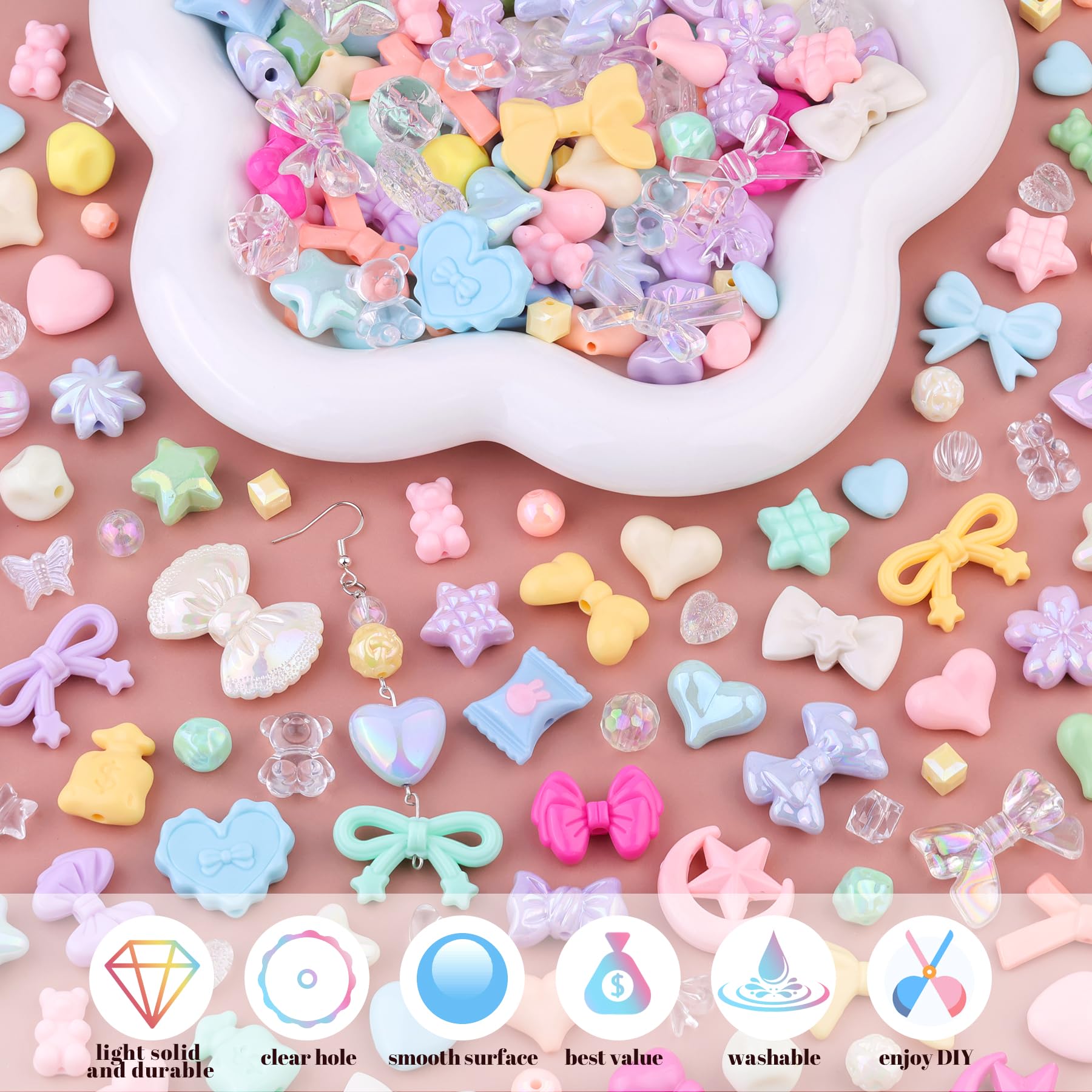 210-270PCS TINKRSTUFF Assorted Acrylic Beads for Bracelet Making, Cute Beads for Jewelry Making Flower Bow Butterfly Candy GummyBear Aesthetic Bracelet Charms, DIY Necklace Keychain Phone Charm: Macaroon Color