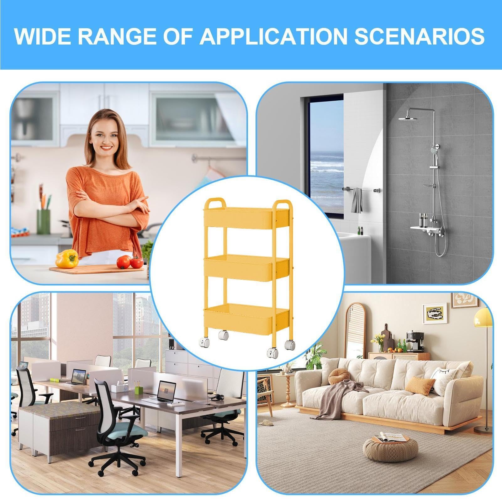 Carrello portaoggetti con ruote, 3 ripiani, | Carrello da cucina multifunzione per cucina, camera da letto, soggiorno, bagno