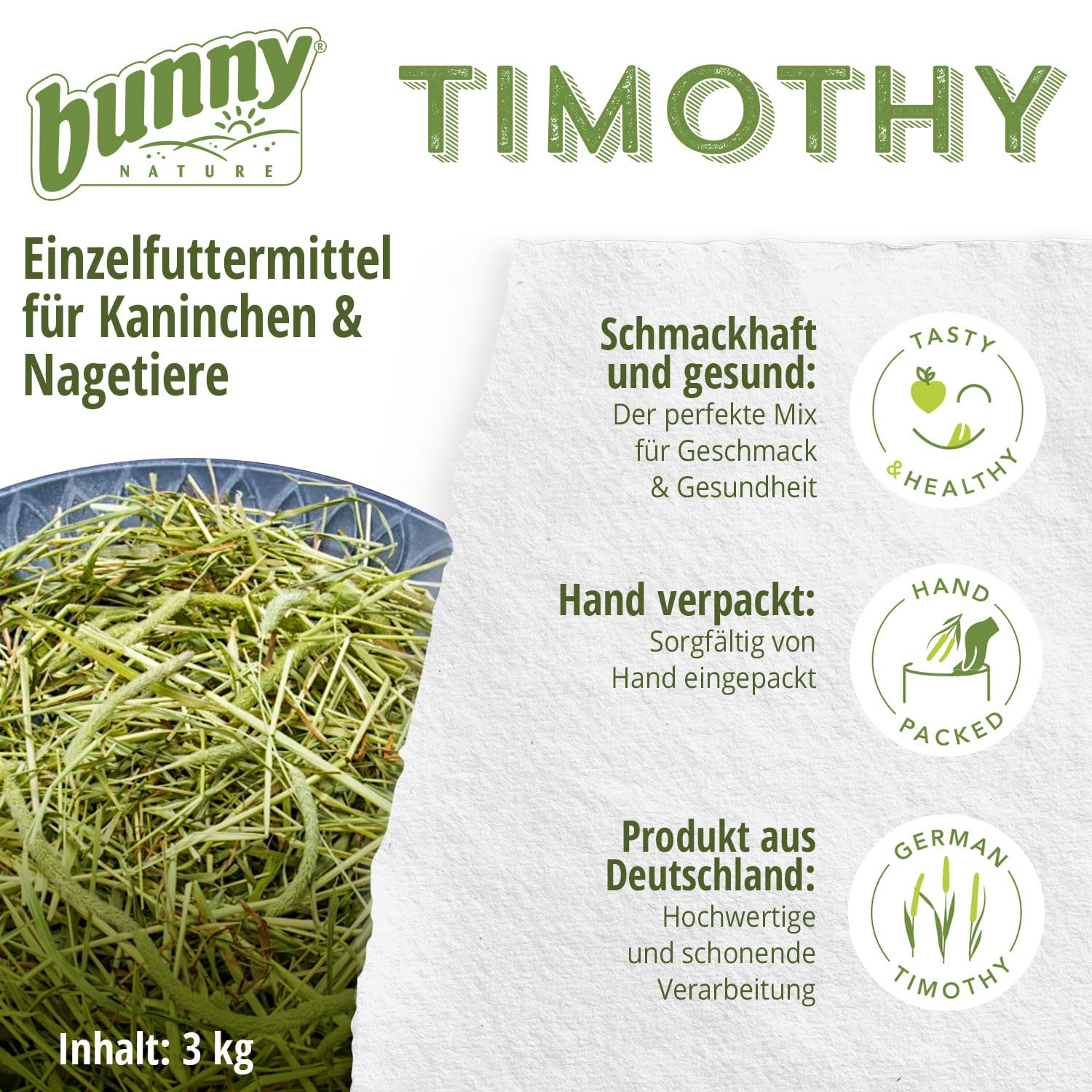 bunnyNature Timothy 3kg | Hochwertiges Heu für Zwergkaninchen & Nagetiere | Made in Germany | Natürlicher Zahnabriebt | Tierwohl & Qualität