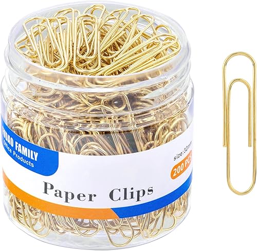 FUDAO FAMILY Clips de papel medianos, 200 unidades, clips de papel, clips de papel dorados, clip de papel de 1.3 pulgadas (1.260 in)