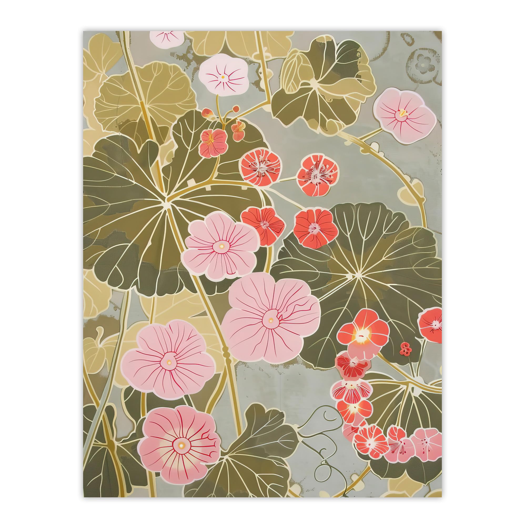Artery8 Pink Geranium Flowers Artwork Pastel Foliage Living Room Large Wall Art Poster Print Thick Paper 18X24 Inch