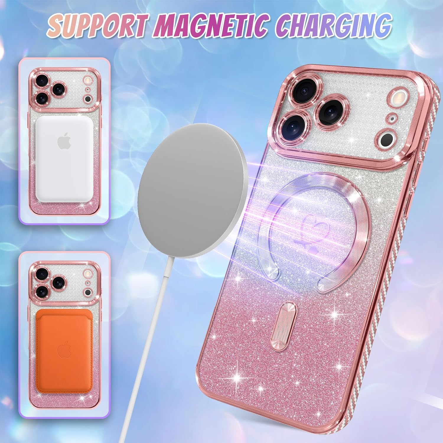 Bonoma Compatible with iPhone 17 Pro Max Case 2025 Support for MagSafe, Plating Heart Glitter Magnetic Case TPU Camera Protection Back Cover for Phone Case -Pink - Image 5