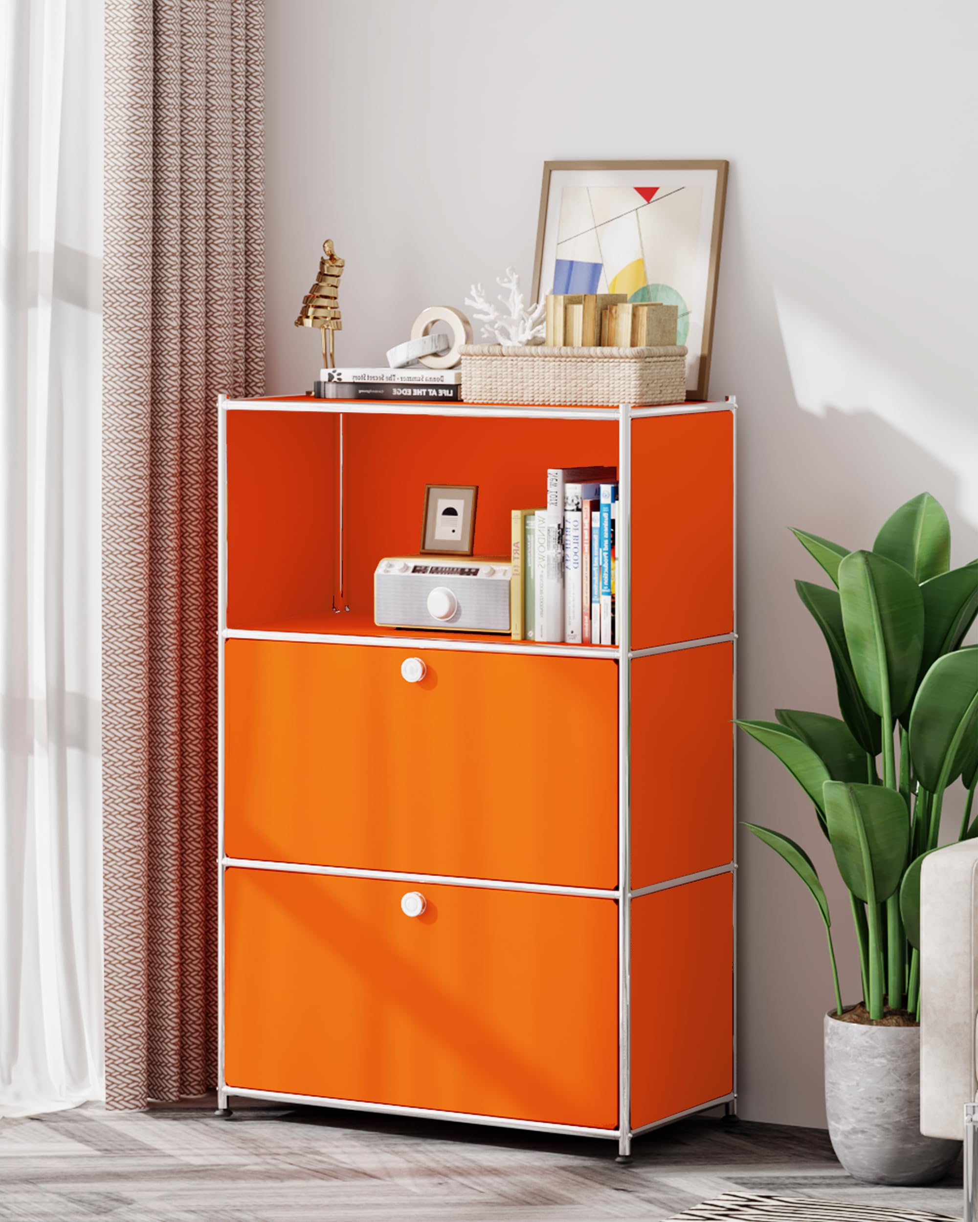 Scaffale in metallo con 2 ante pieghevoli, grande capacità, stile moderno fai da te, ideale per casa, ufficio, cucina, ingresso o corridoio (arancione opaco)