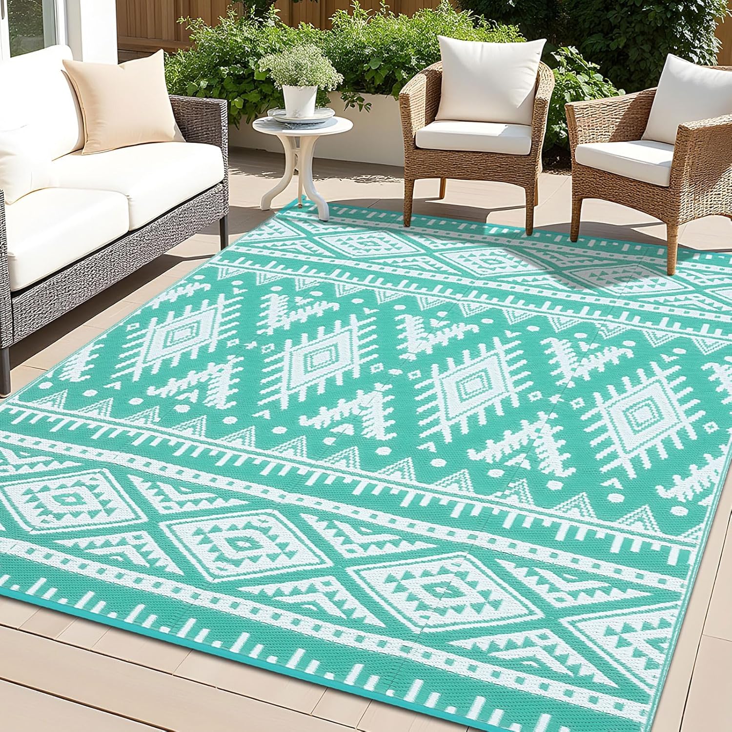 OLANLY Outdoor Rug Waterproof 9x18 ft, Reversible Outdoor Plastic Straw Rug, Boho Patio Rug, Indoor Outdoor Carpet, RV Mat Outside for Patio, Camp, Picnic, Balcony, Deck, Backyard, Turquoise & White Turquoise & White 9' x 18' (Rectangular)