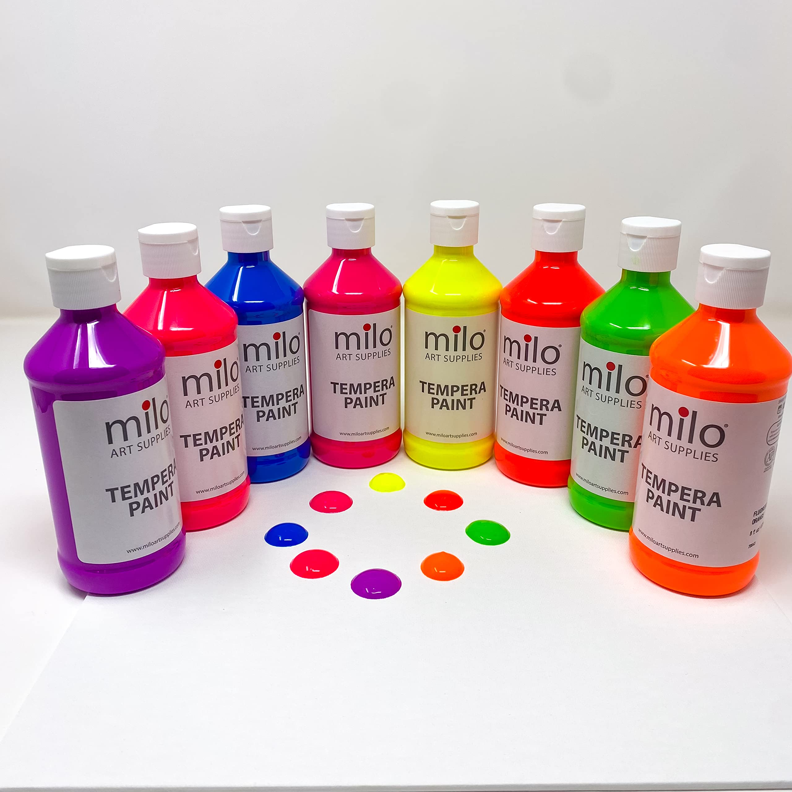 milo Fluorescent Tempera Paint Set of 8 Colors | 8 oz Bottles | Made in the USA | Washable and Non-Toxic Neon Art & Craft Poster Primary Paints for Artists, Kids, & Hobby Painters, Glows UV in Black Light