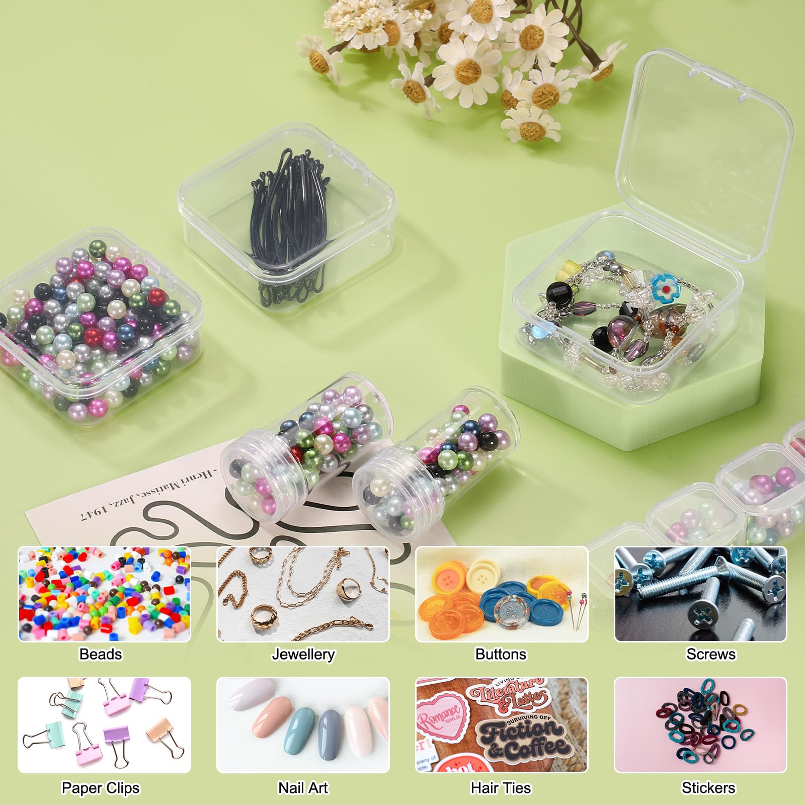QUARKZMAN Perlen Sortierbox Diamant Kunst Behälter 2 Stück Rechteckige Plastik Aufbewahrungsbox 120 Stück Mini Klare Perlen Aufbewahrungsboxen Mit 132 Stück Aufklebern